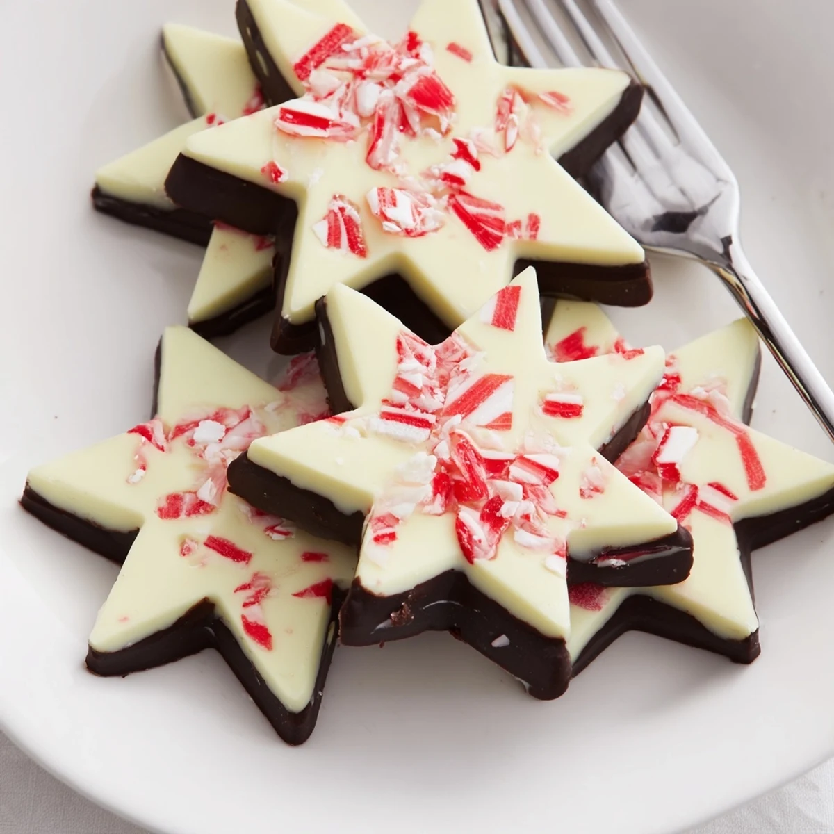 This photo depicts beautiful finished Peppermint Bark Snowflakes, ready for serving with a dusting of crushed candy.