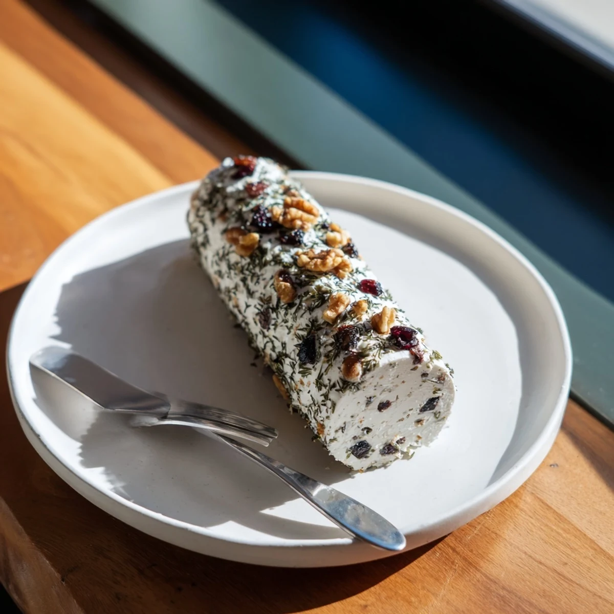 Creamy Winter Snowdrift Goat Cheese Log, richly coated, ready to serve with crackers and honey.