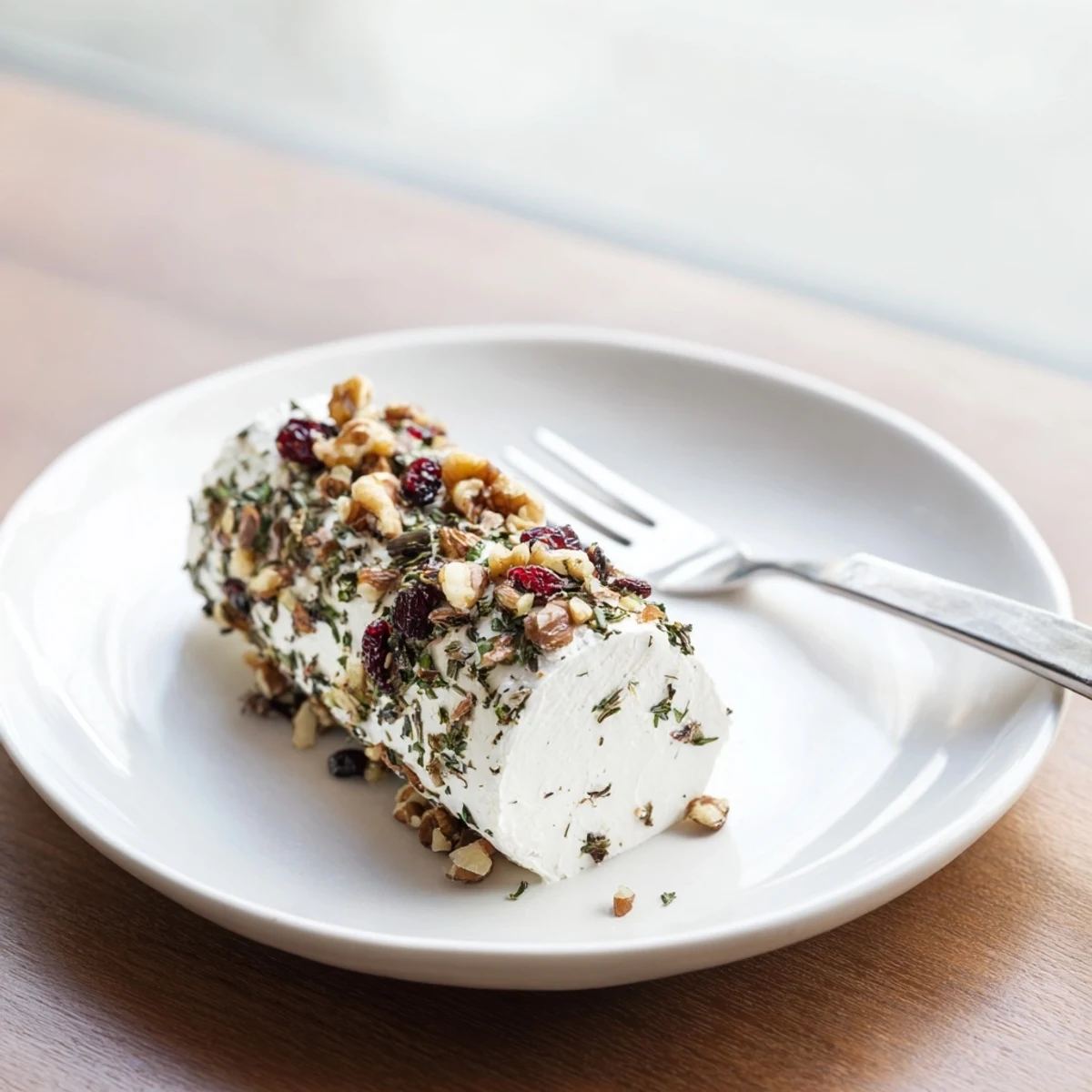 A close-up of the delicious Winter Snowdrift Goat Cheese Log, perfect for holiday entertaining, ready to eat.