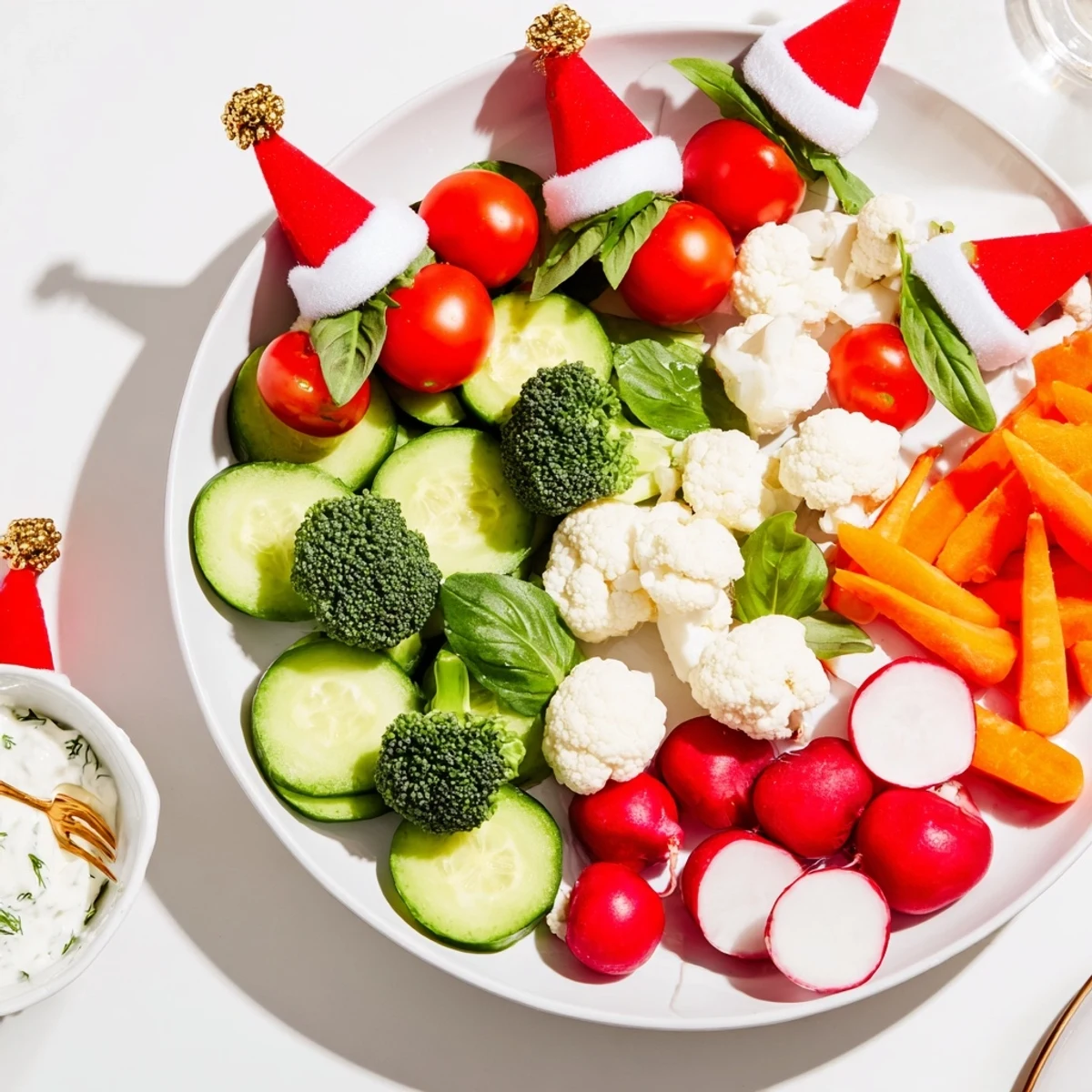 Vibrant Savory Crudités platter with colorful Santa Hat veggie arrangements and creamy dip for dipping.