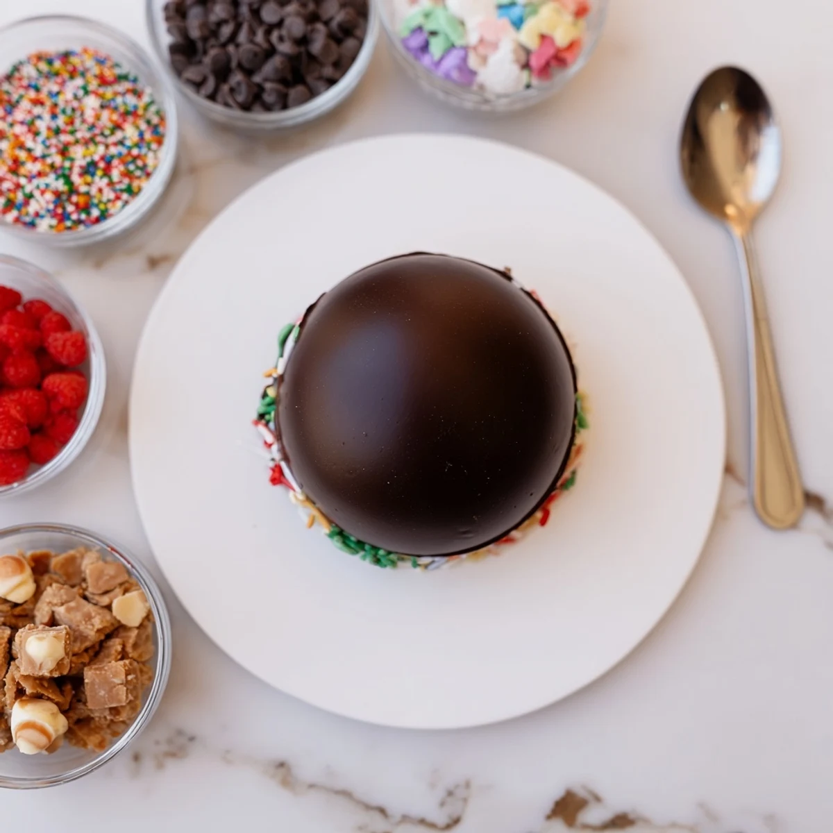 Close-up shot shows a delightful Hot Cocoa Bomb Topping Bar offering a fun and interactive dessert experience.