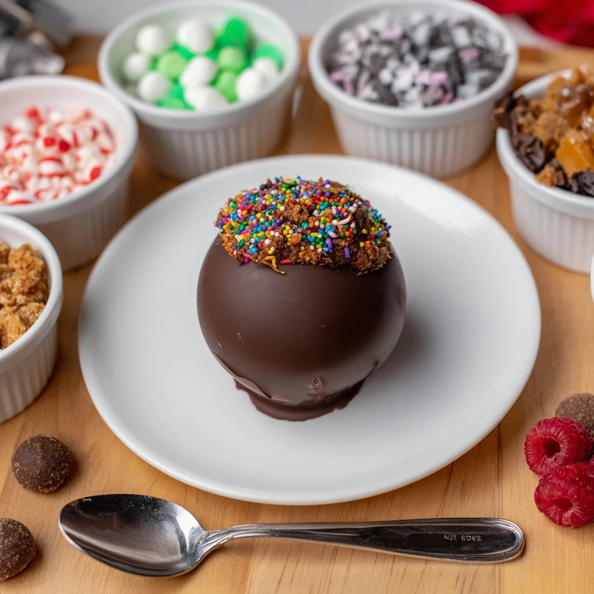 A spread of toppings complements the rich, homemade Hot Cocoa Bombs, ready for a cozy treat.