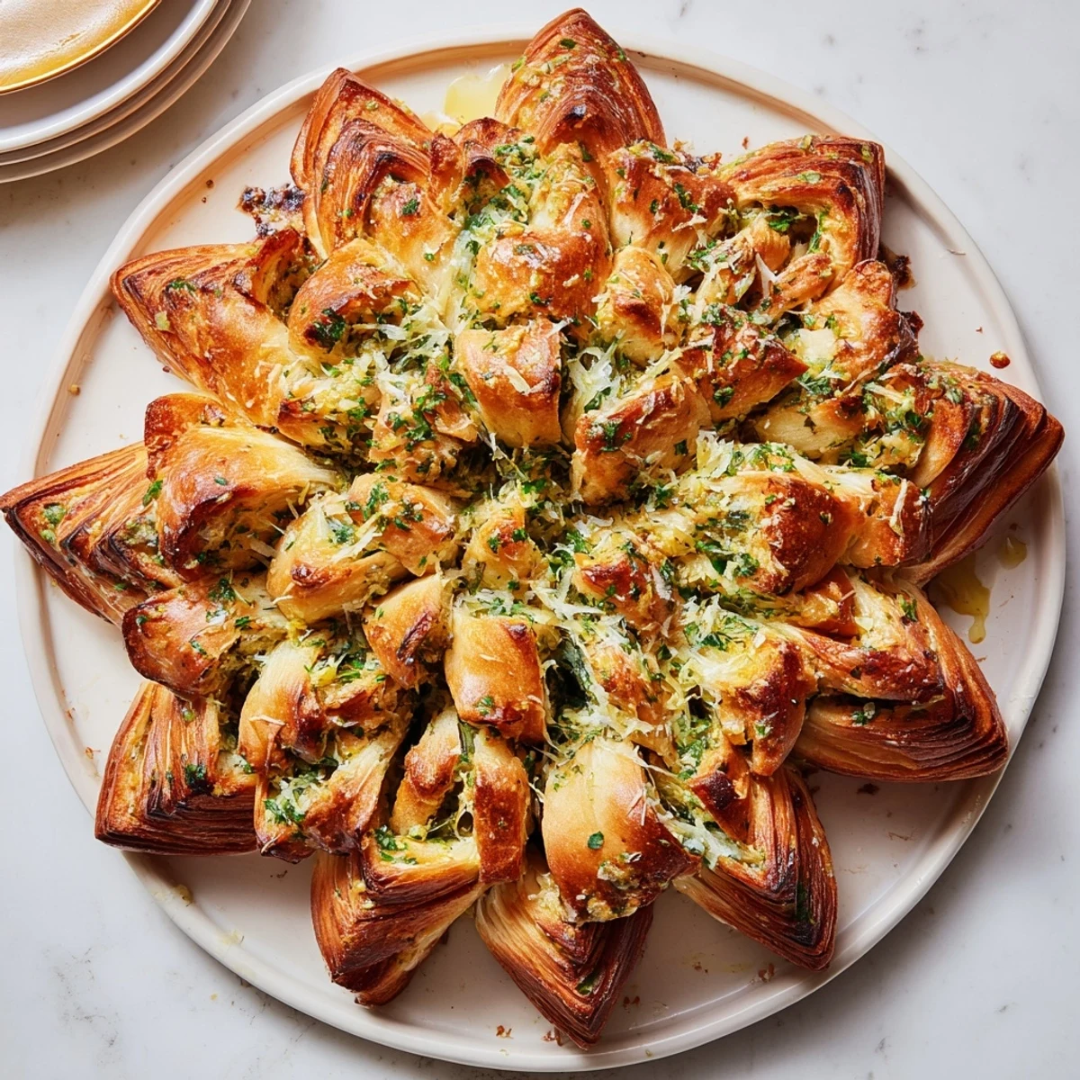 Golden, star-shaped garlic bread, a buttery, pull-apart appetizer ready for sharing at holidays.