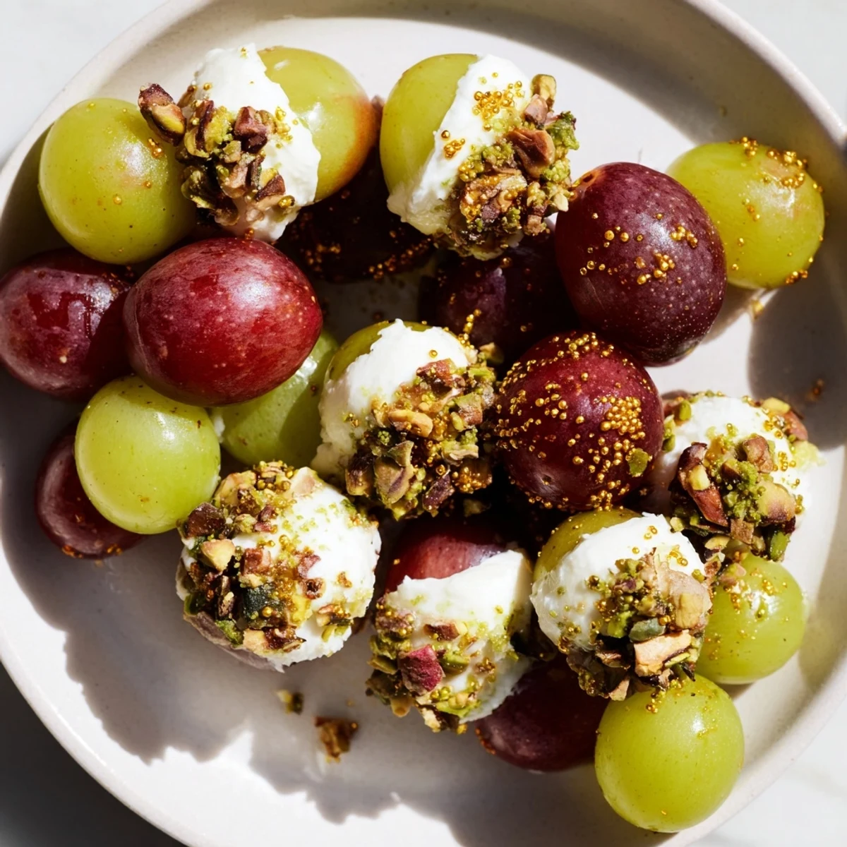 Festive Sparkling Grape Cluster Appetizer featuring vibrant red and green grapes, perfect for any holiday gathering.