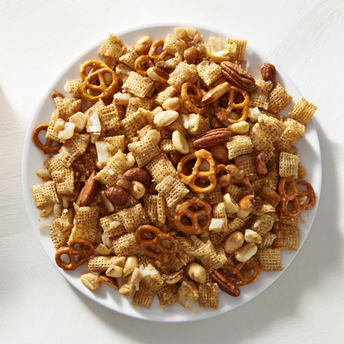 Golden, crunchy Party Mix, perfect for holiday snacking and get-togethers, lightly glazed.