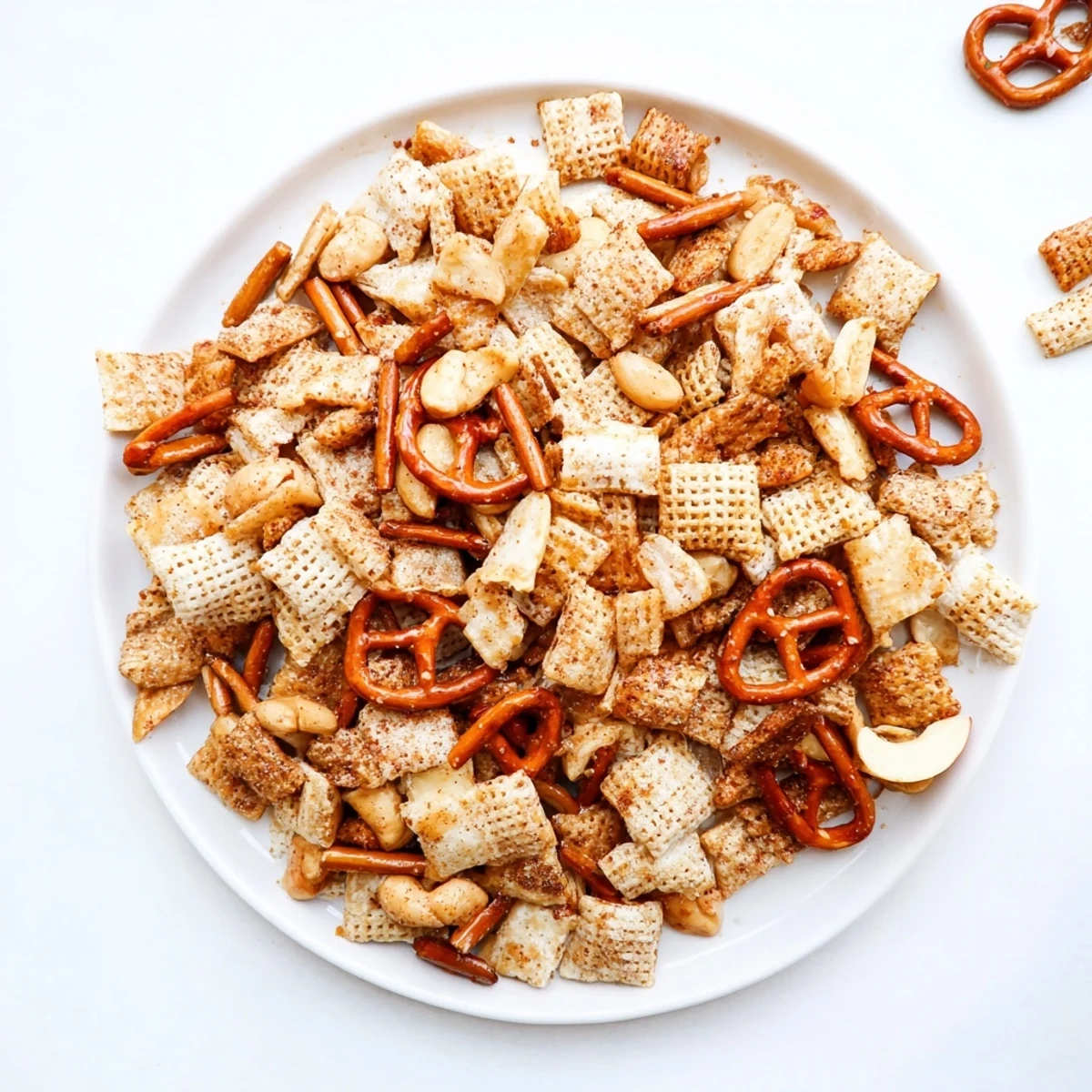 Warm, bubbly Party Mix with a sweet cider glaze, loaded with pretzels and dried apples.
