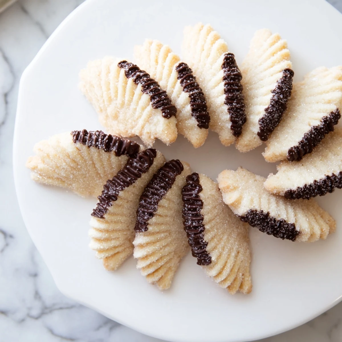 Buttery, crisp Spritz Cookies in a layered fan formation, drizzled with chocolate, provide a tasty cookie delight.