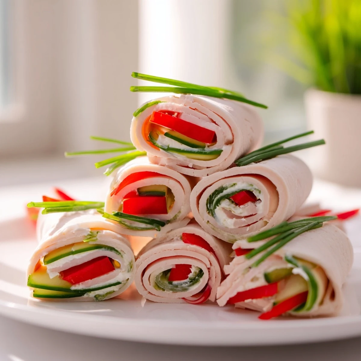 Stacked turkey roll-ups, visually stunning with red pepper & cucumber, perfect as a snack.
