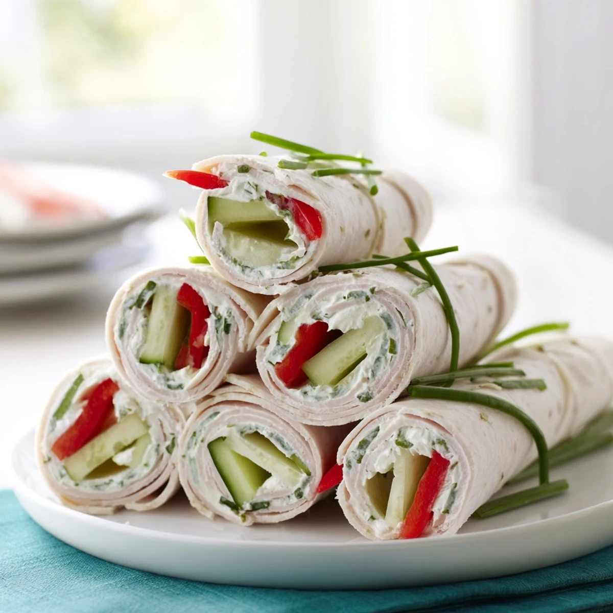 A platter of easy turkey roll-ups, showing a close-up of the delicious filling and layered slices.