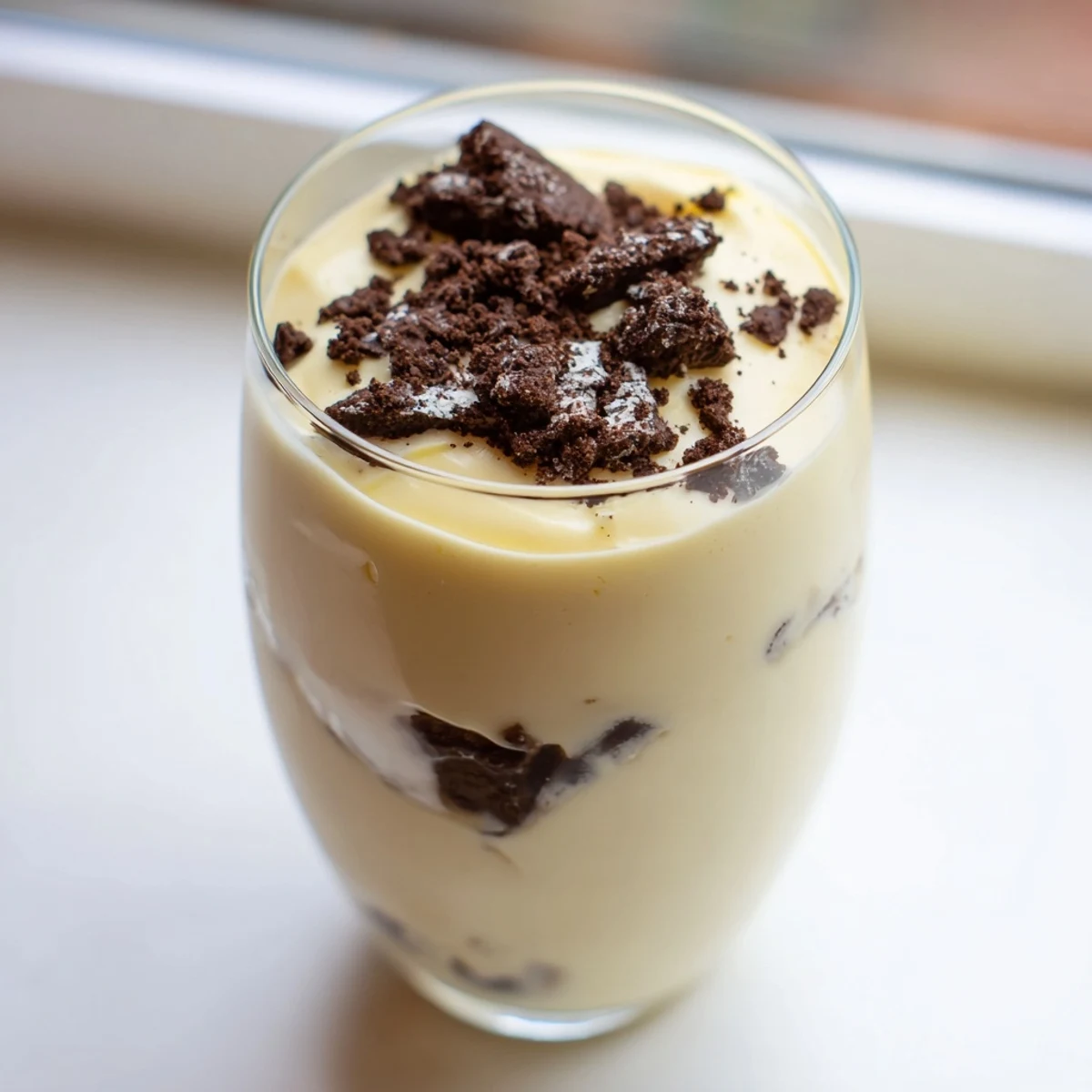A layered Vanilla Pudding with crushed Oreos showcases creamy texture and chocolate cookie crunch.