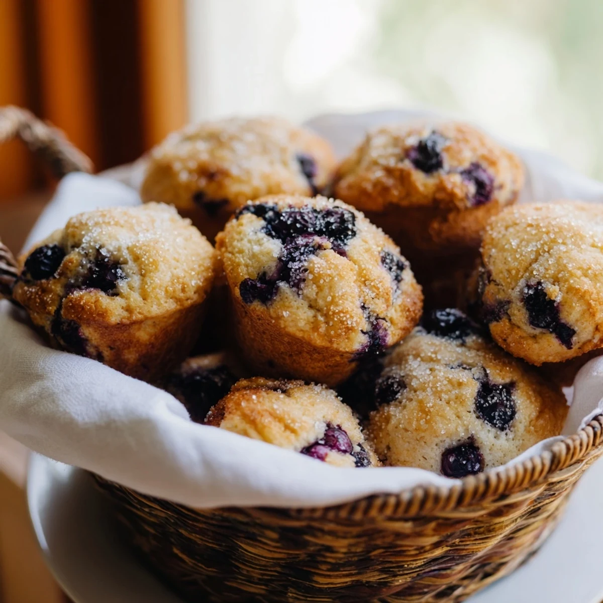 Fluffy mini blueberry muffins piled high in a rustic basket, ready to eat.
