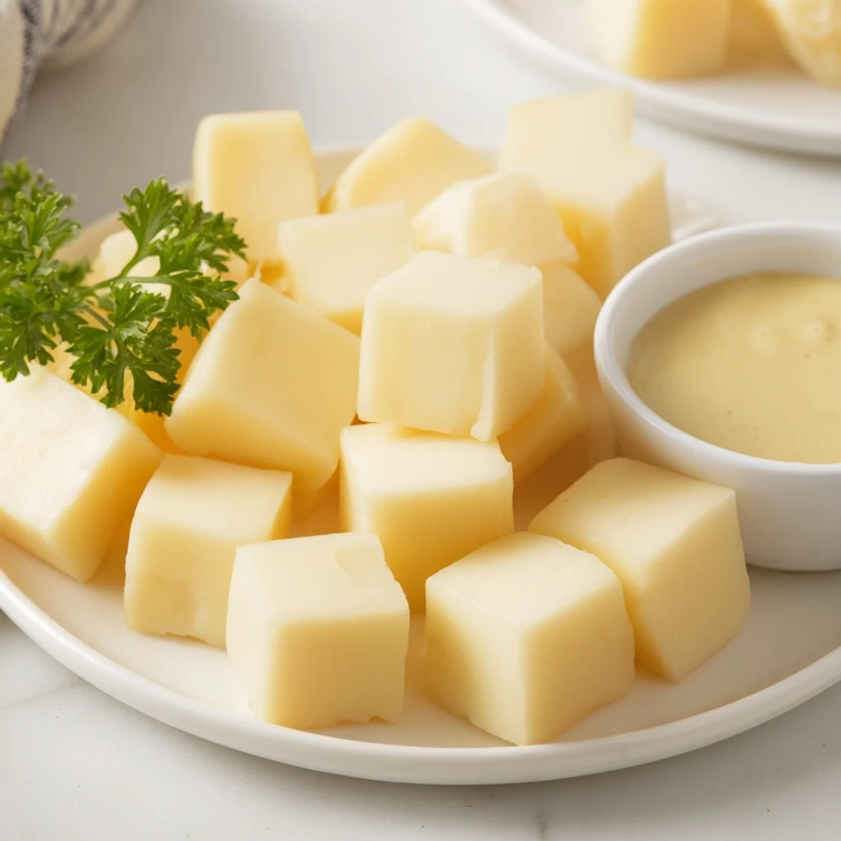 Creamy Gouda cubes alongside a vibrant mustard dip make this delicious cheese platter tempting.