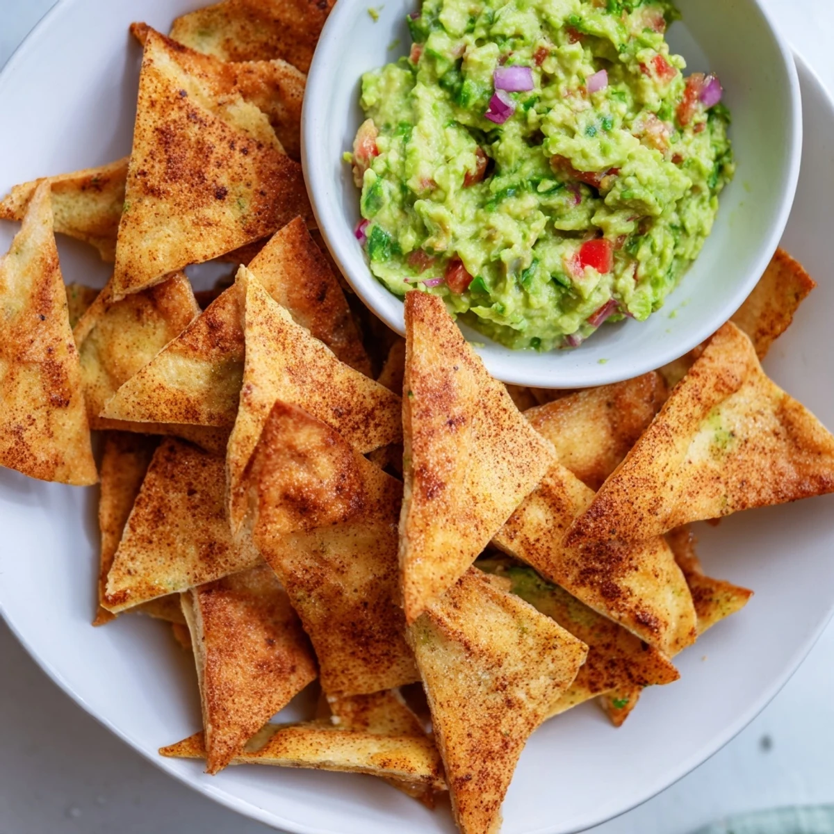 Golden, crispy pita chips surround a vibrant guacamole bowl, ready for dipping and enjoying.