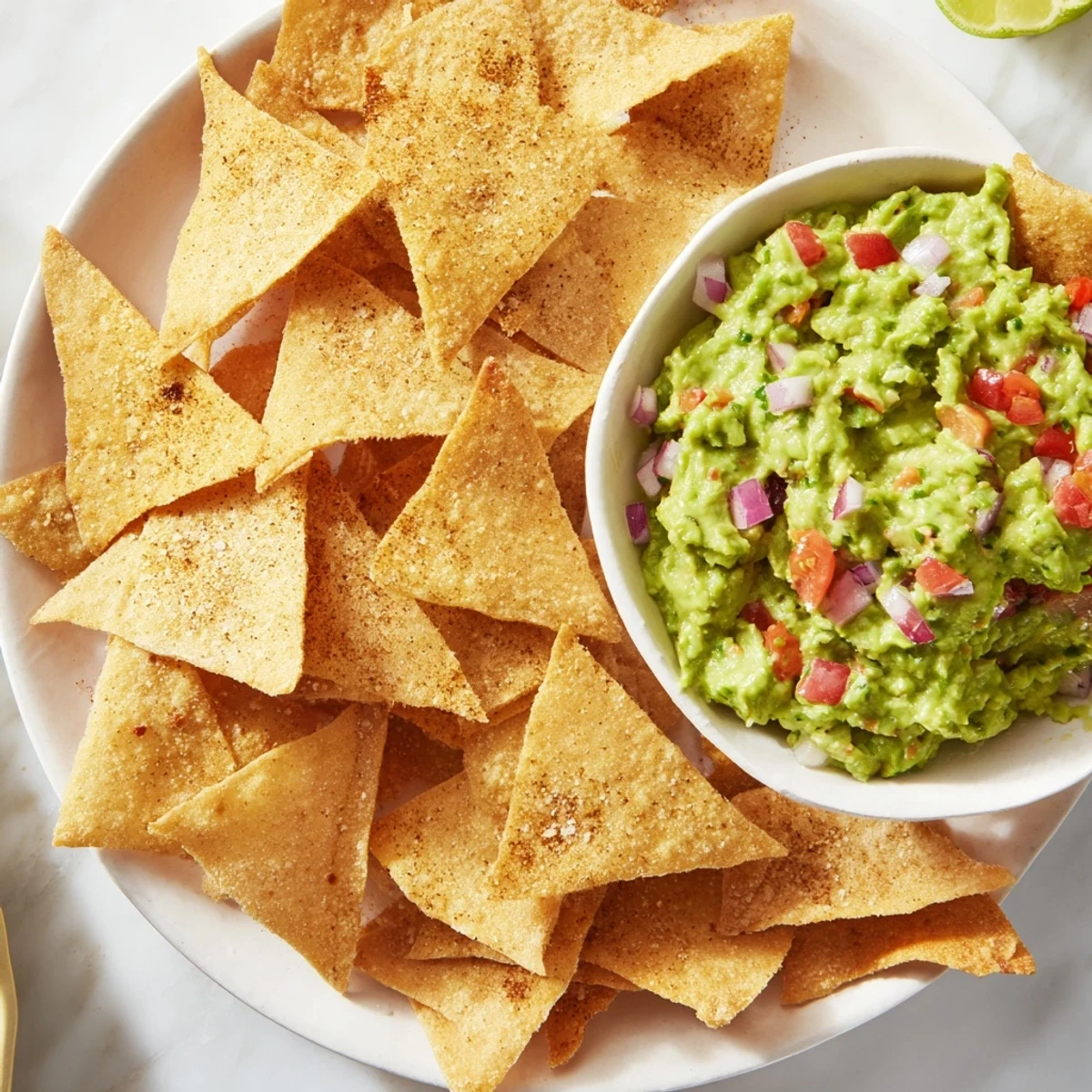 A close-up of the flavorful pita chips and guacamole, ideal for a party appetizer.