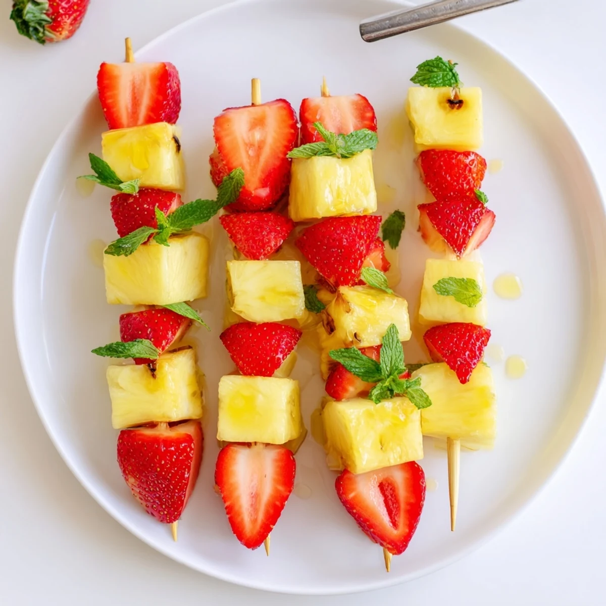 Colorful Fruit Skewers with Pineapple and Strawberries, perfect sweet and tangy summer snack arrangement.