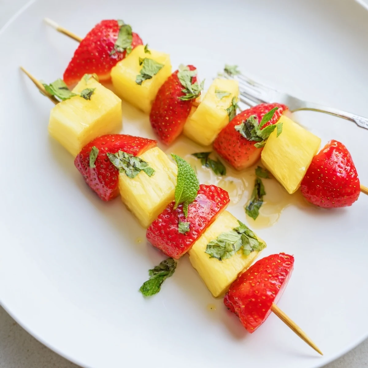 Close-up of fresh Fruit Skewers with Pineapple and Strawberries, ready to be enjoyed with the family.