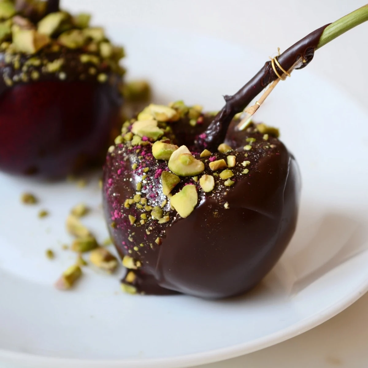 A close-up of a luscious chocolate-covered cherry dessert bite; offering a rich, sweet experience.