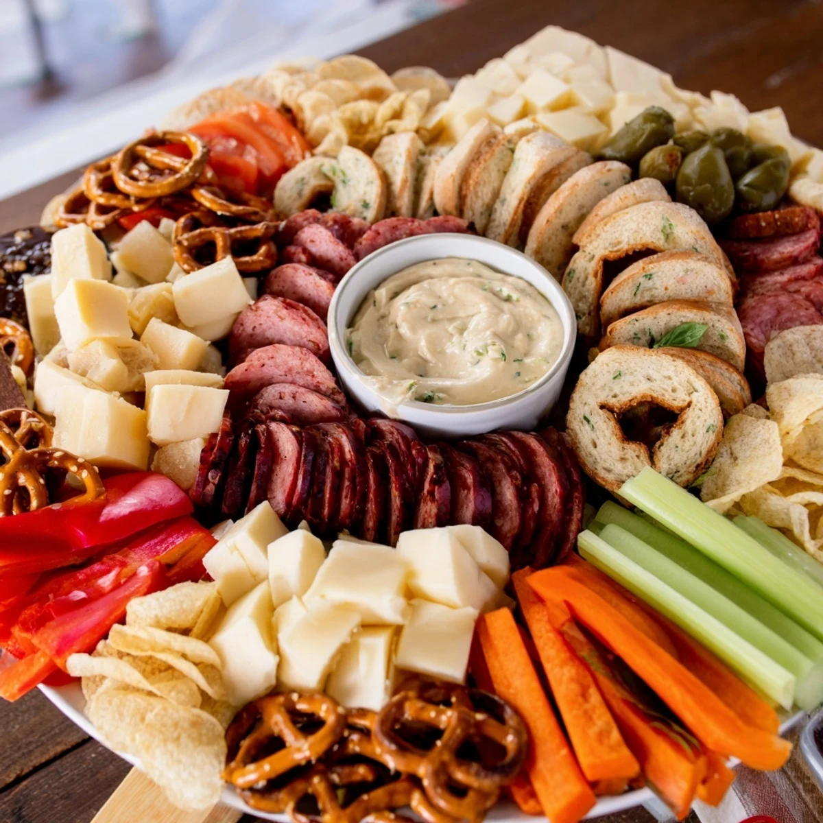 A loaded Tailgate Party Power Stack with savory meats, cheeses, and crunchy crackers for sharing.