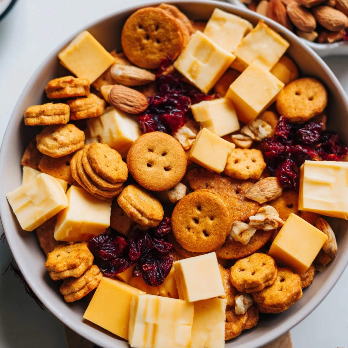 Perfectly stacked Work From Home Desk Treat crackers and cheese, a simple yet elegant office snack.