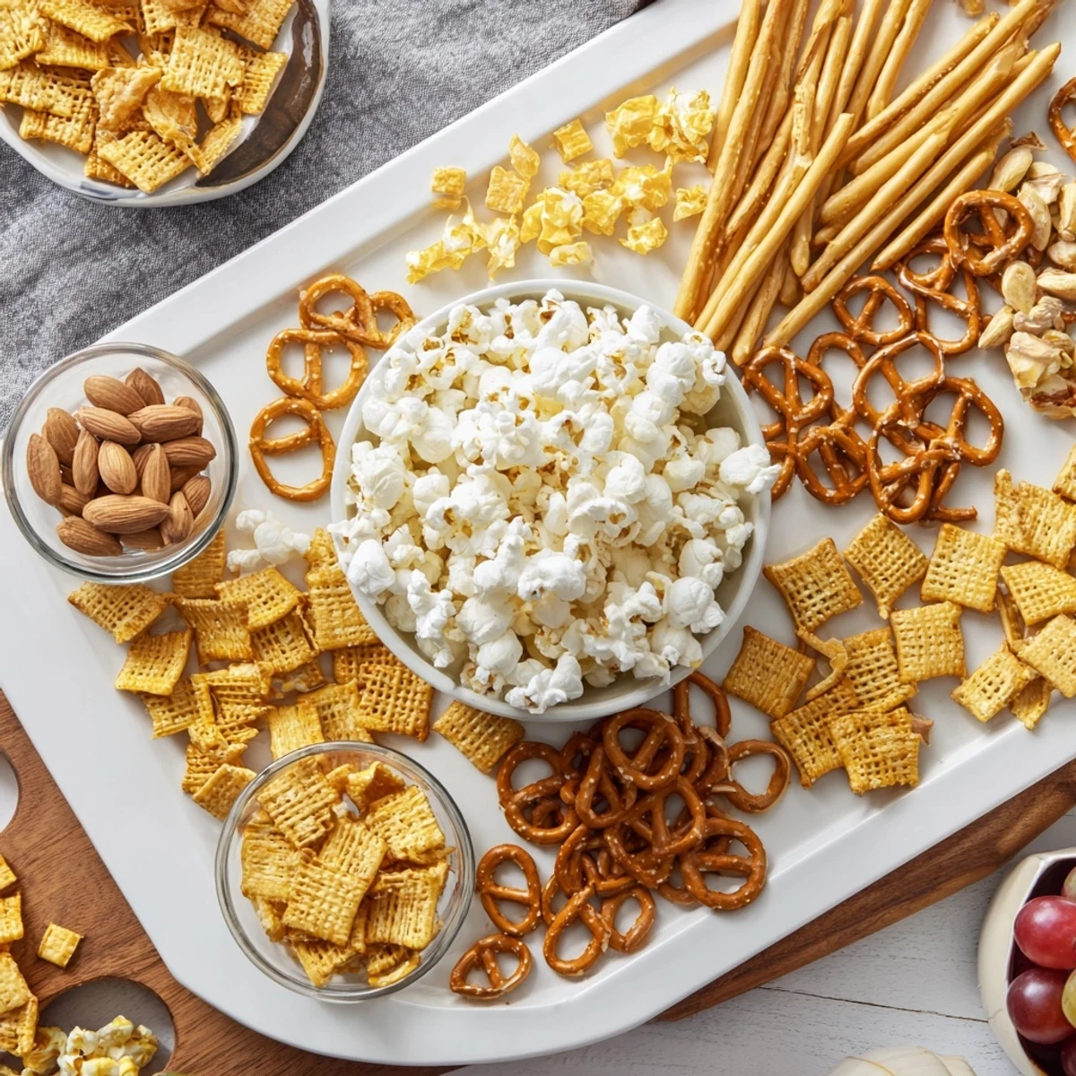 Perfectly arranged Movie Night Munchie Board, showcasing cheese cubes, pretzels, and fresh grapes for movie night.