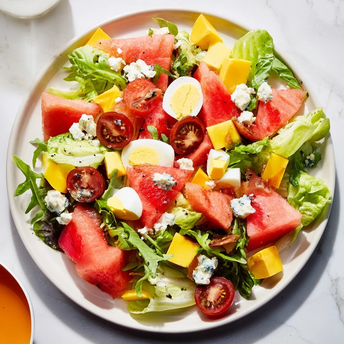 Baby Shower Pastel Palette Salad with fresh blueberries and yellow tomatoes. The elegant salad is perfect for a baby shower.