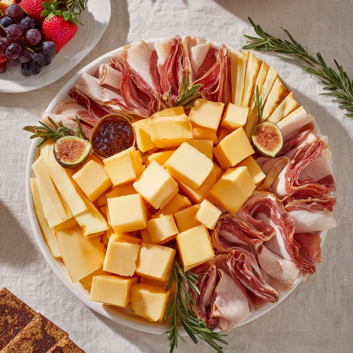 This anniversary heirloom arrangement features a beautiful charcuterie board with fresh strawberries and grapes.