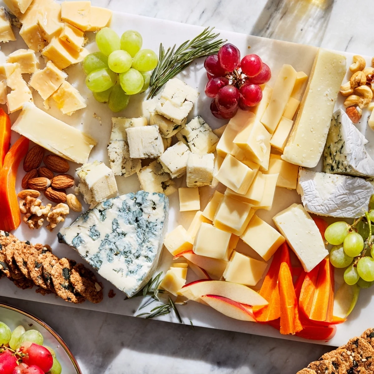 Elegant Housewarming Open House Spread with vibrant cheeses, fruits, and crackers awaiting serving.