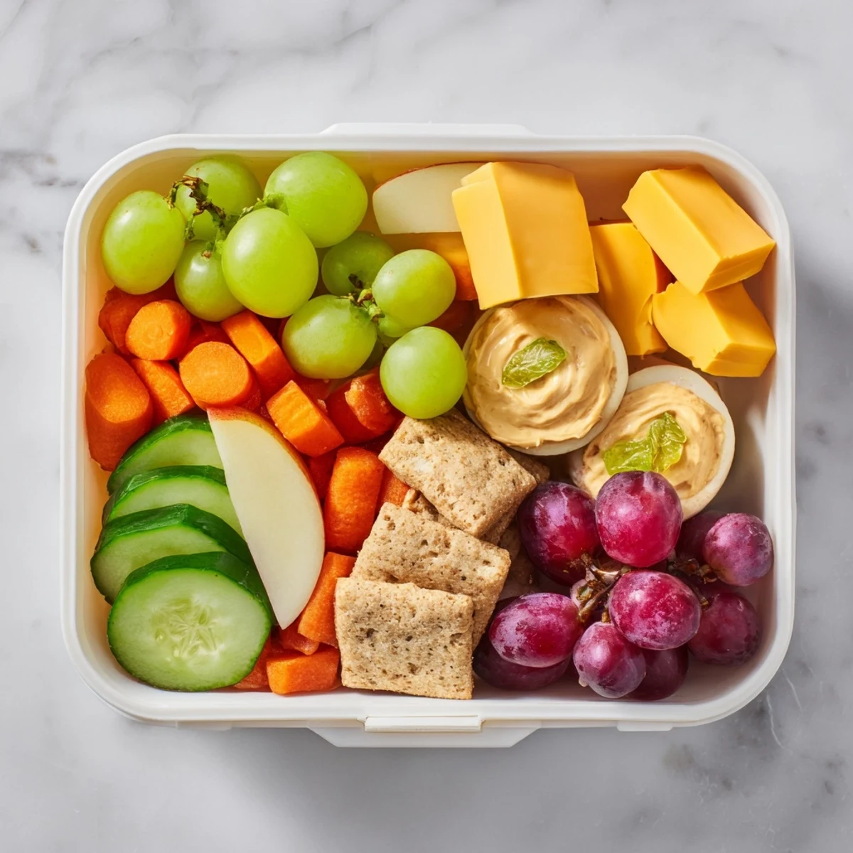 Fresh and colorful Road Trip Snack Box, packed with grapes, cheese, and dark chocolate, ready to eat.