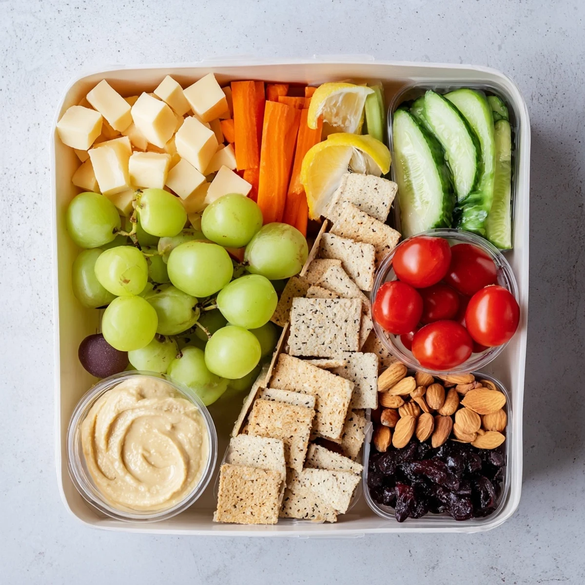 The organized Road Trip Snack Box: crunchy carrots, mixed nuts, and hard-boiled eggs for easy snacking.