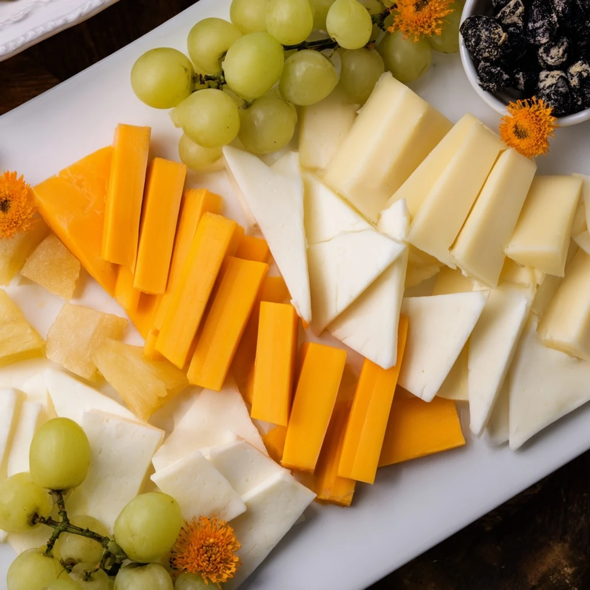 A beautifully arranged Bridal Shower Bubbly Board with cheeses, fruits, and sparkling wine on a white board.