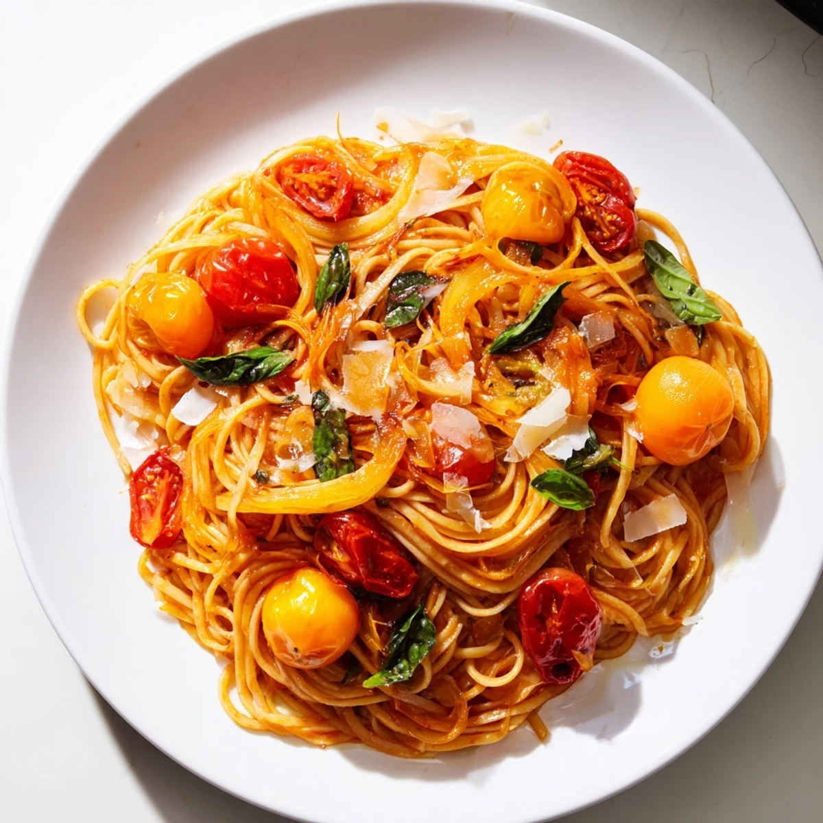 Steaming, vibrant Cozy Fireplace Tomato Basil Pasta served in a large skillet, ready to share.