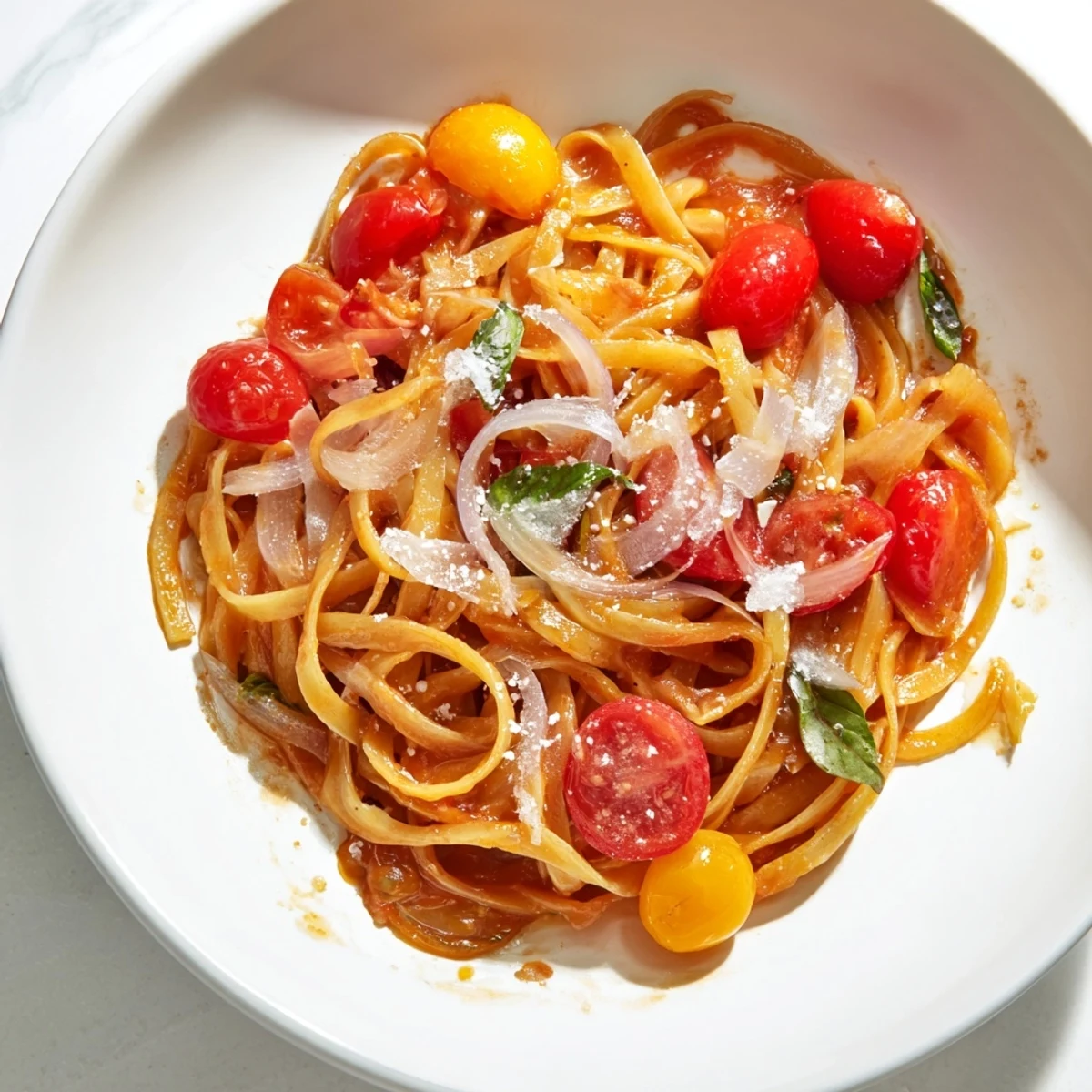 Golden, al dente Cozy Fireplace One-Pan Tomato Basil Pasta with fresh basil and melted cheese.