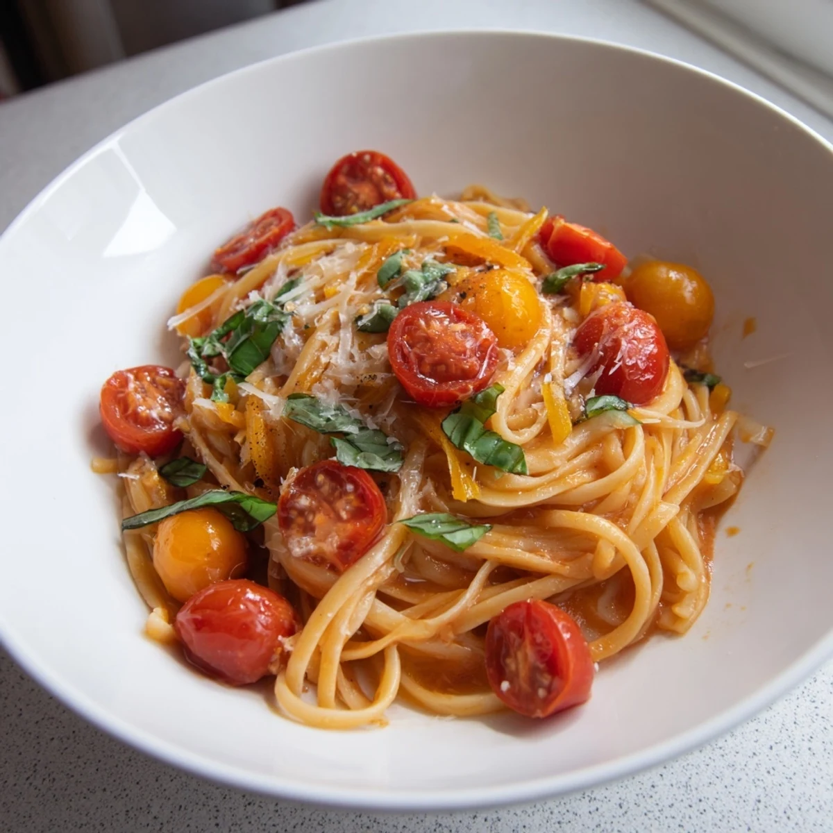 A close-up of flavorful Cozy Fireplace Tomato Basil Pasta, perfect for a warming weeknight meal.