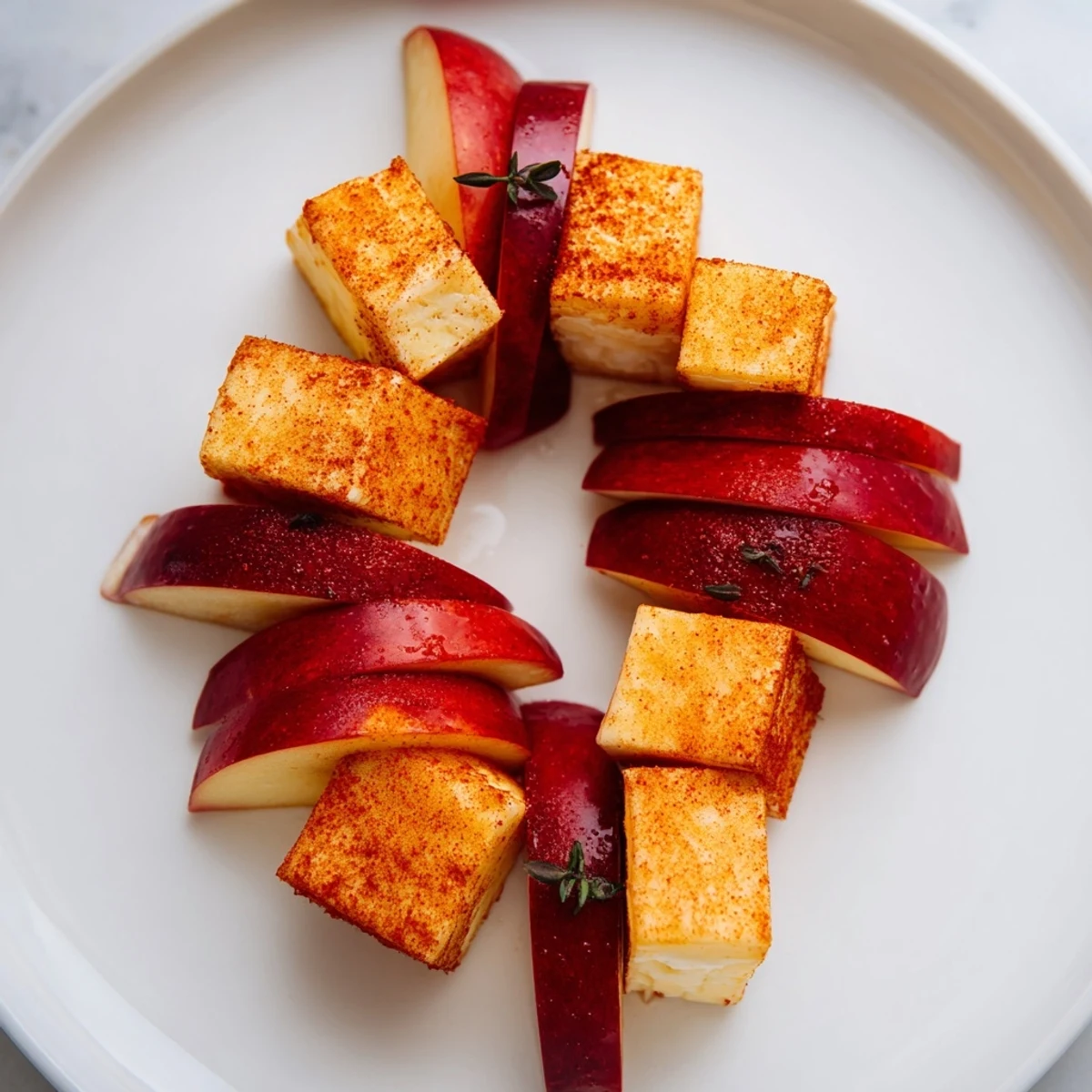 Autumn Ember appetizer: vivid red apple wedges and paprika-dusted cheeses, perfect for fall gatherings.