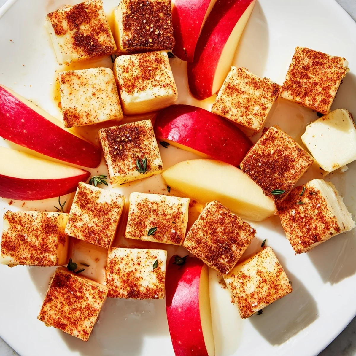This Autumn Ember appetizer: smoky paprika-covered cheeses and vibrant red apples, ready to serve.