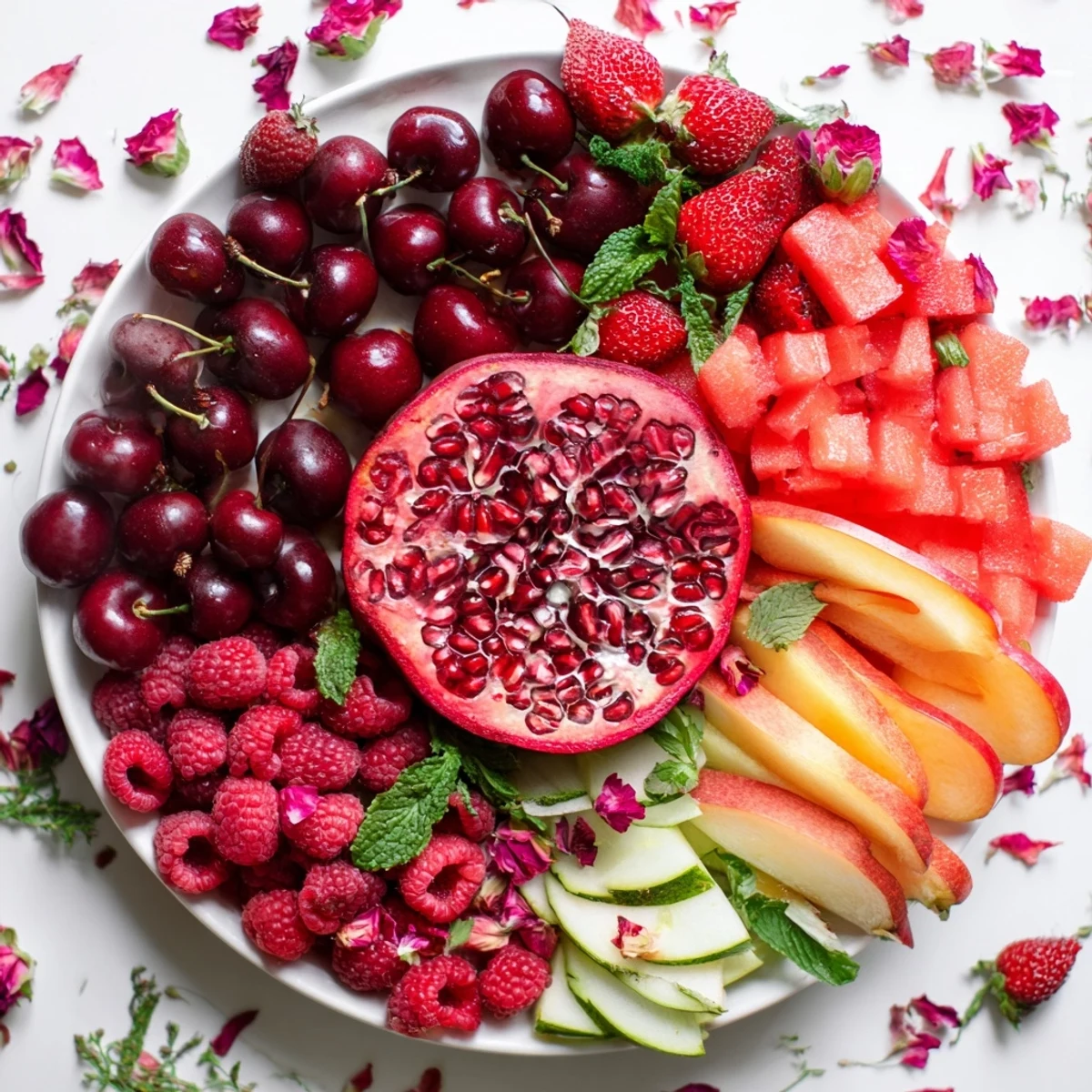 Vibrant The Pomegranate Pivot fruit platter with juicy red, pink, and white fruits artfully arranged.
