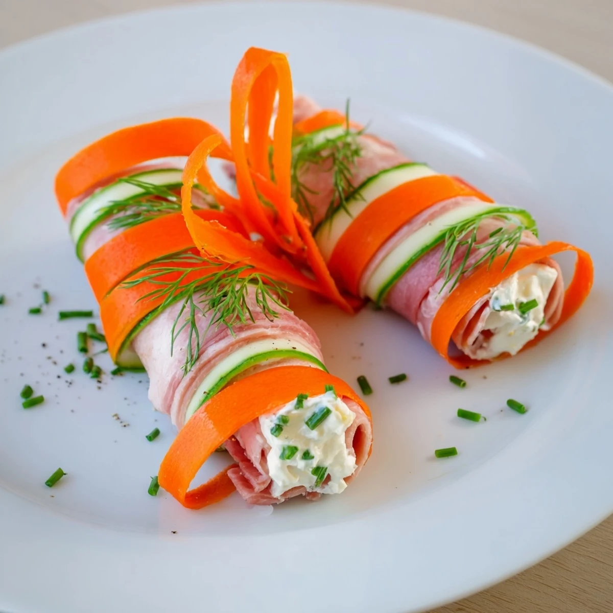 Vibrant Ribbon Dancer appetizer with spiraled carrots, cucumber, and savory smoked turkey rolls.