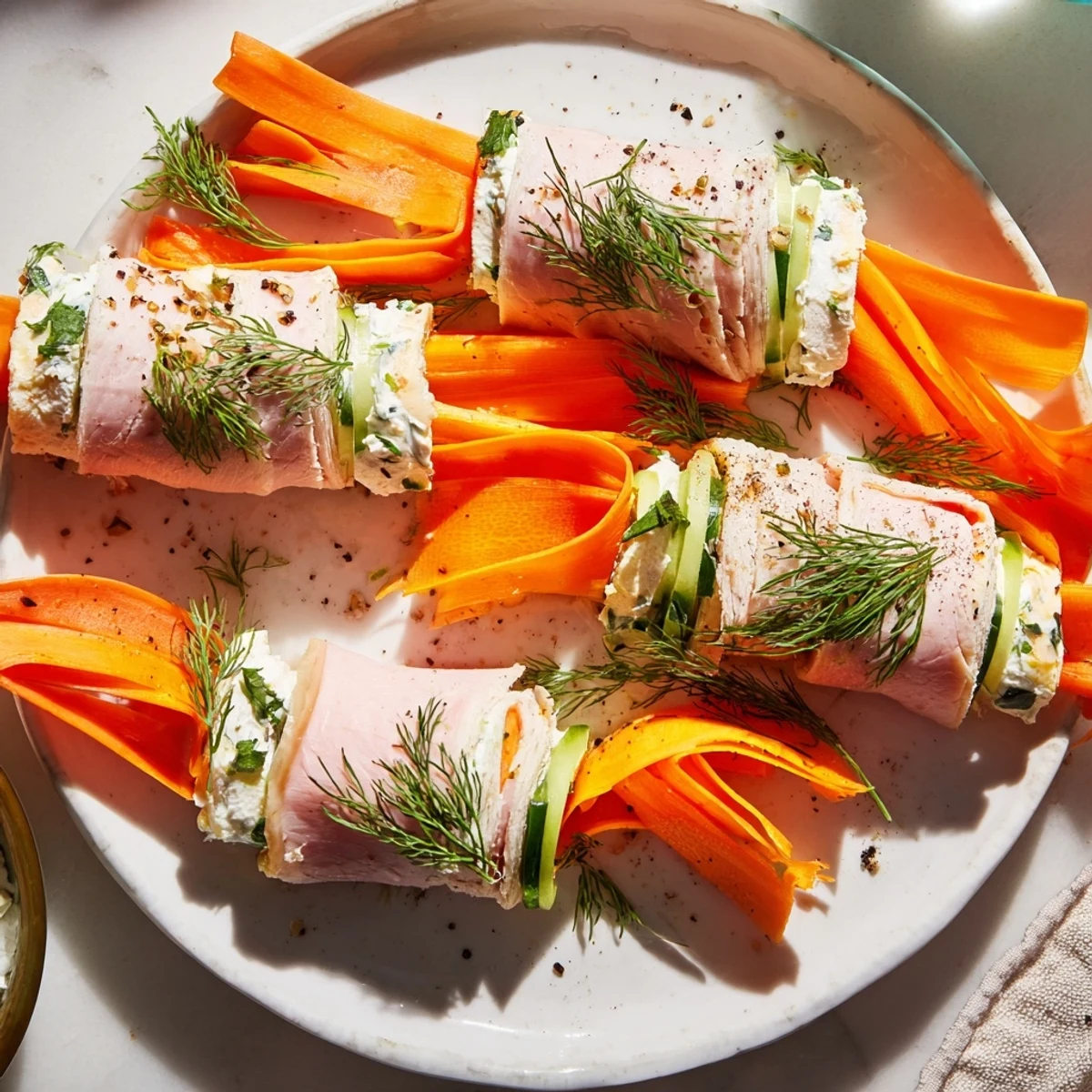 Delicate slices of turkey are wrapped in veggie ribbons, creating an elegant Ribbon Dancer dish.