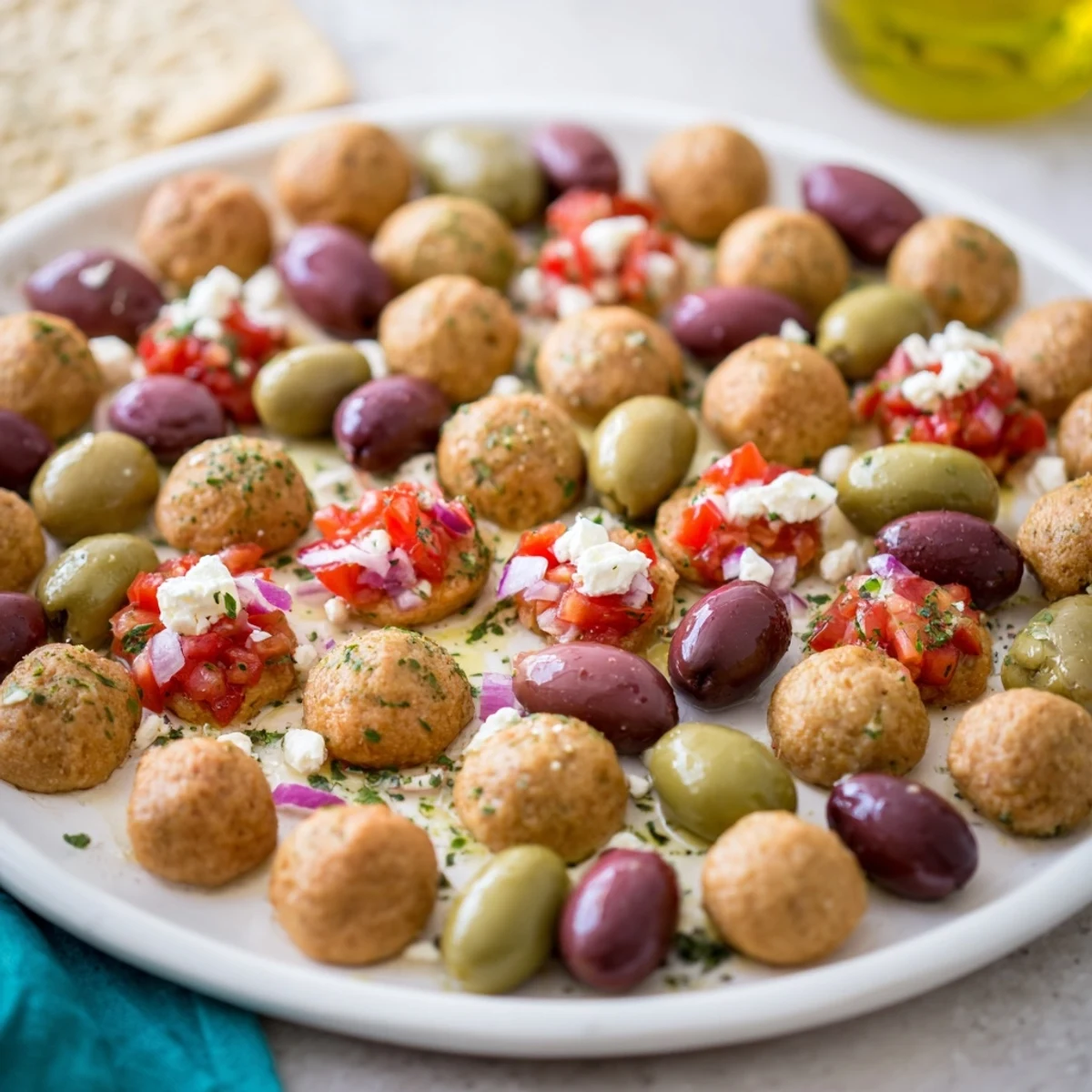 Cracked olives and crackers form The Cobblestone Courtyard, an inviting European-inspired appetizer ready to eat.