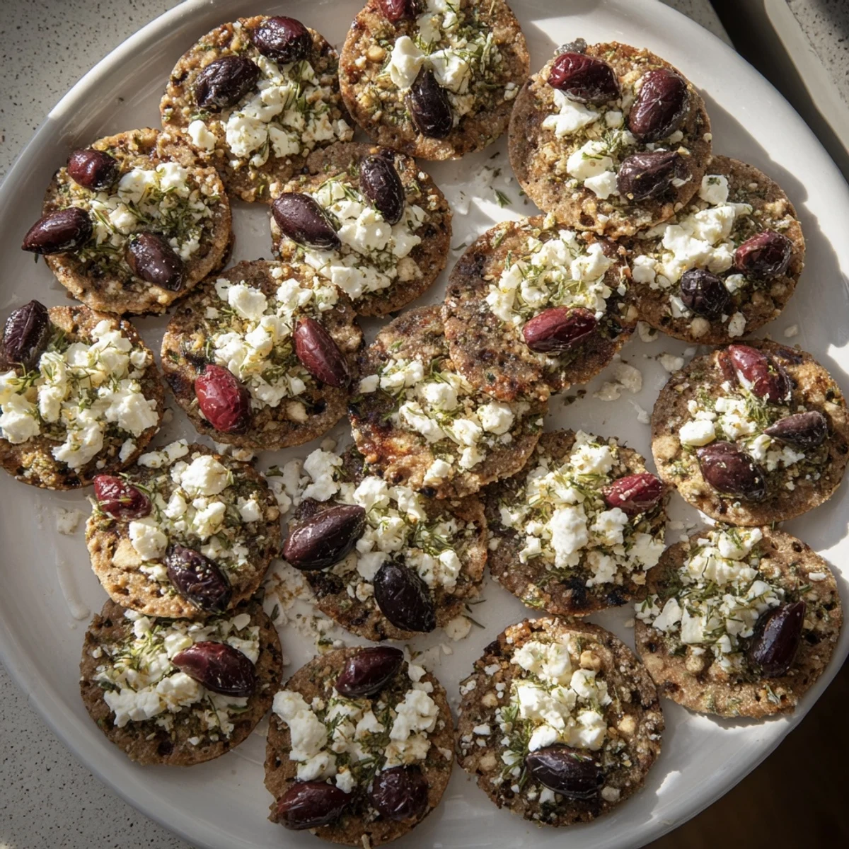 View of The Cobblestone Courtyard appetizer with green and black olives nestled between crackers, ready to serve.