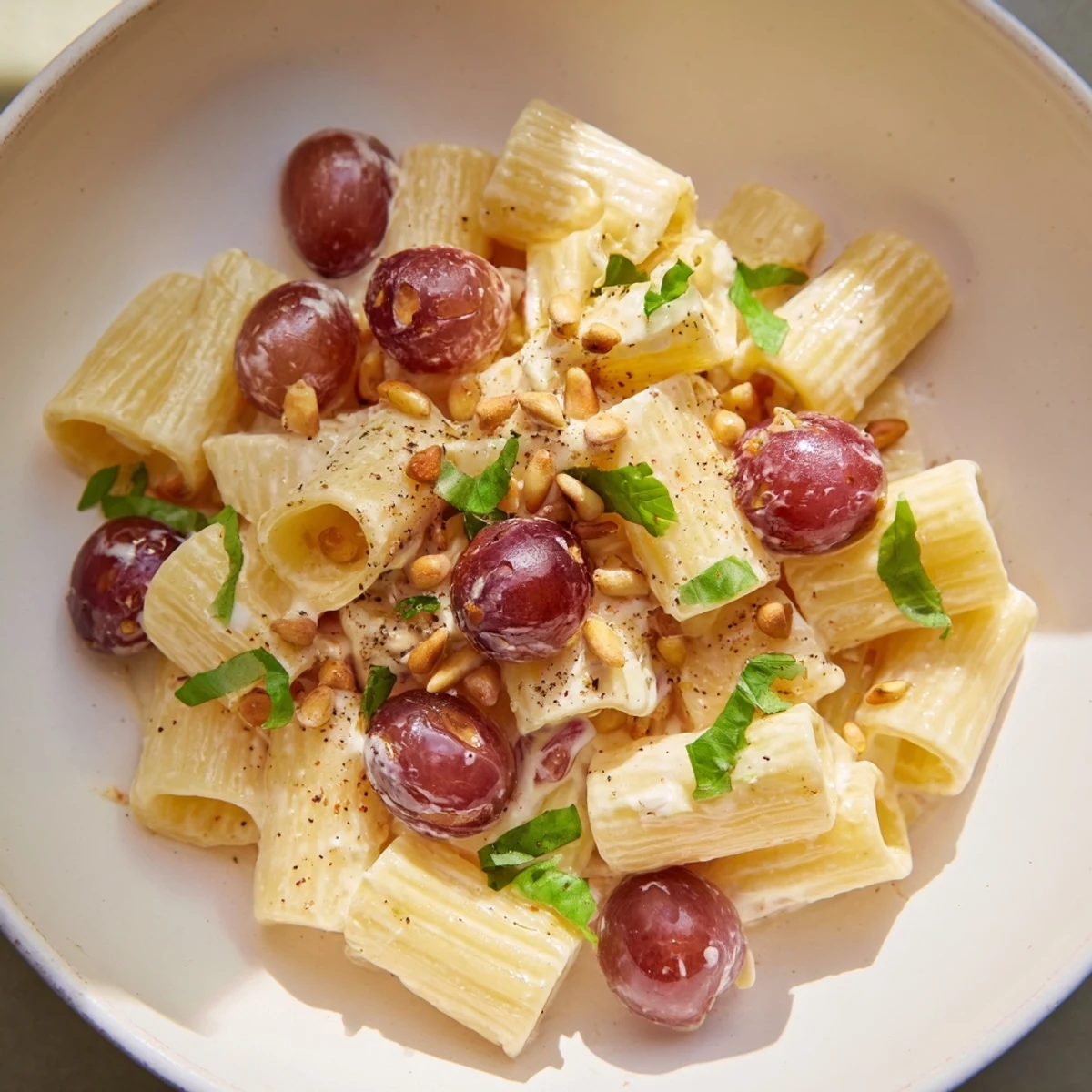 A beautiful close-up of Pasta with Roasted Grapes and Ricotta, plated for a satisfying Italian meal.