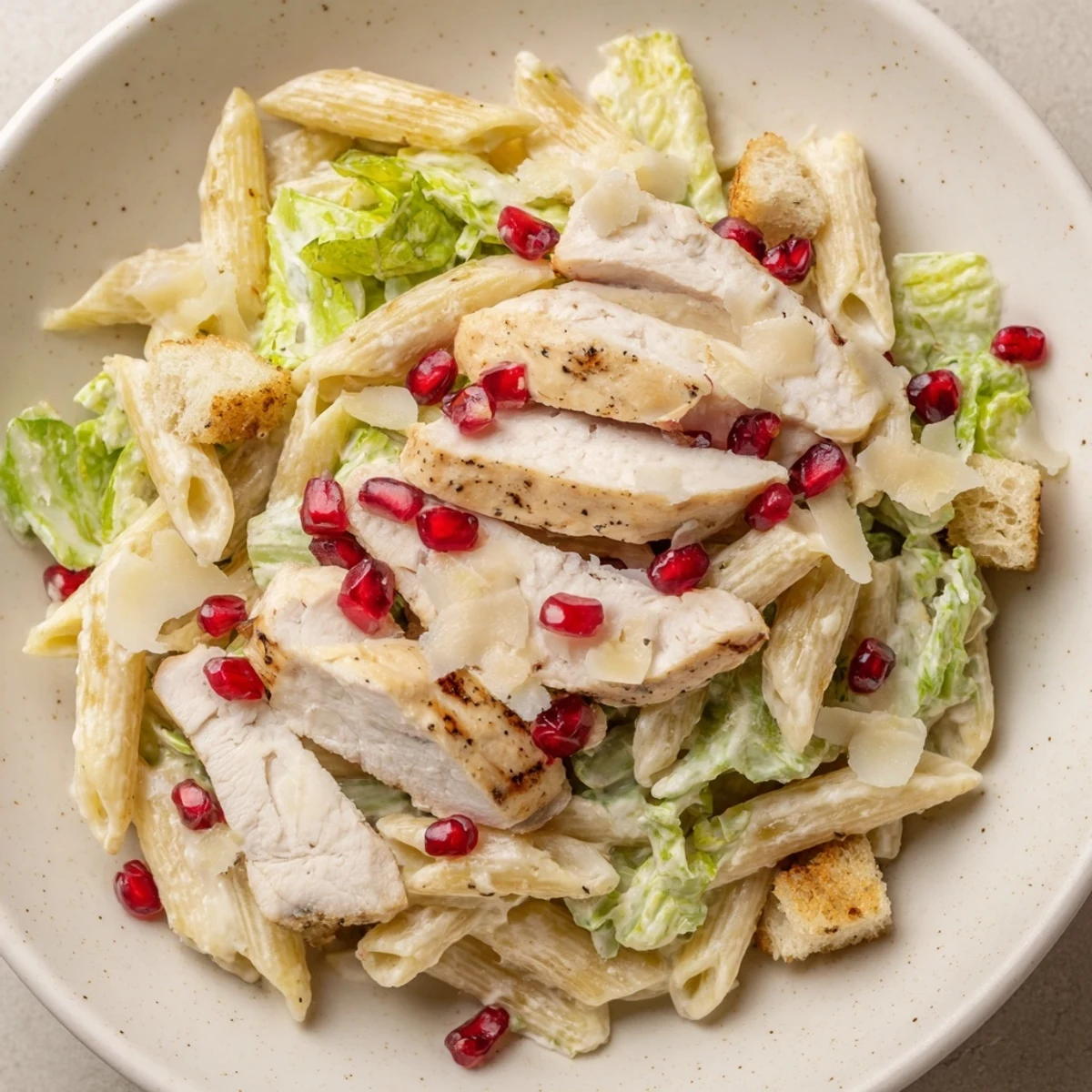 Chicken Caesar Pasta with pomegranate, a vibrant salad showcasing juicy chicken and ruby-red fruit.