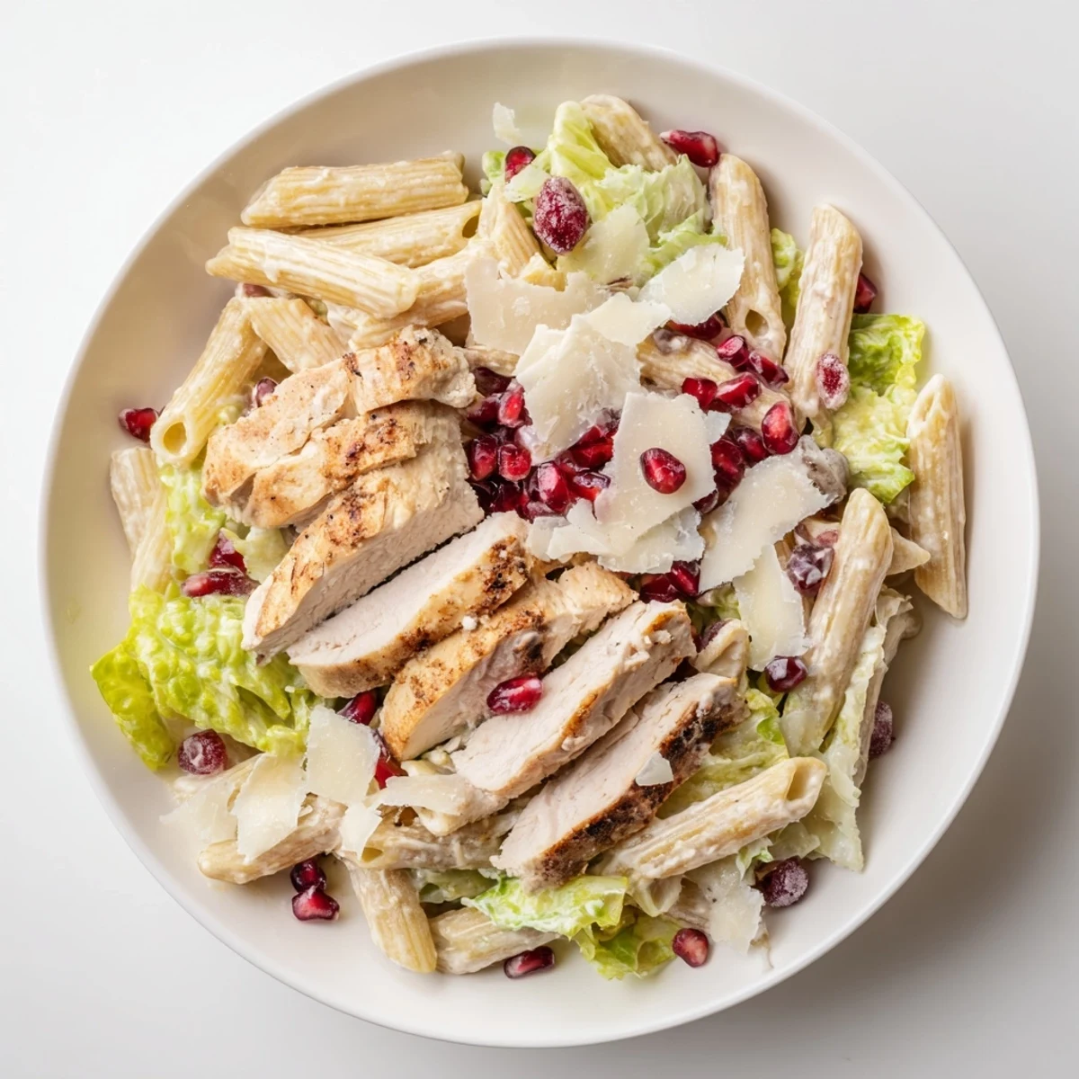 This Chicken Caesar Pasta features grilled chicken, creamy dressing, and a burst of pomegranate flavor.