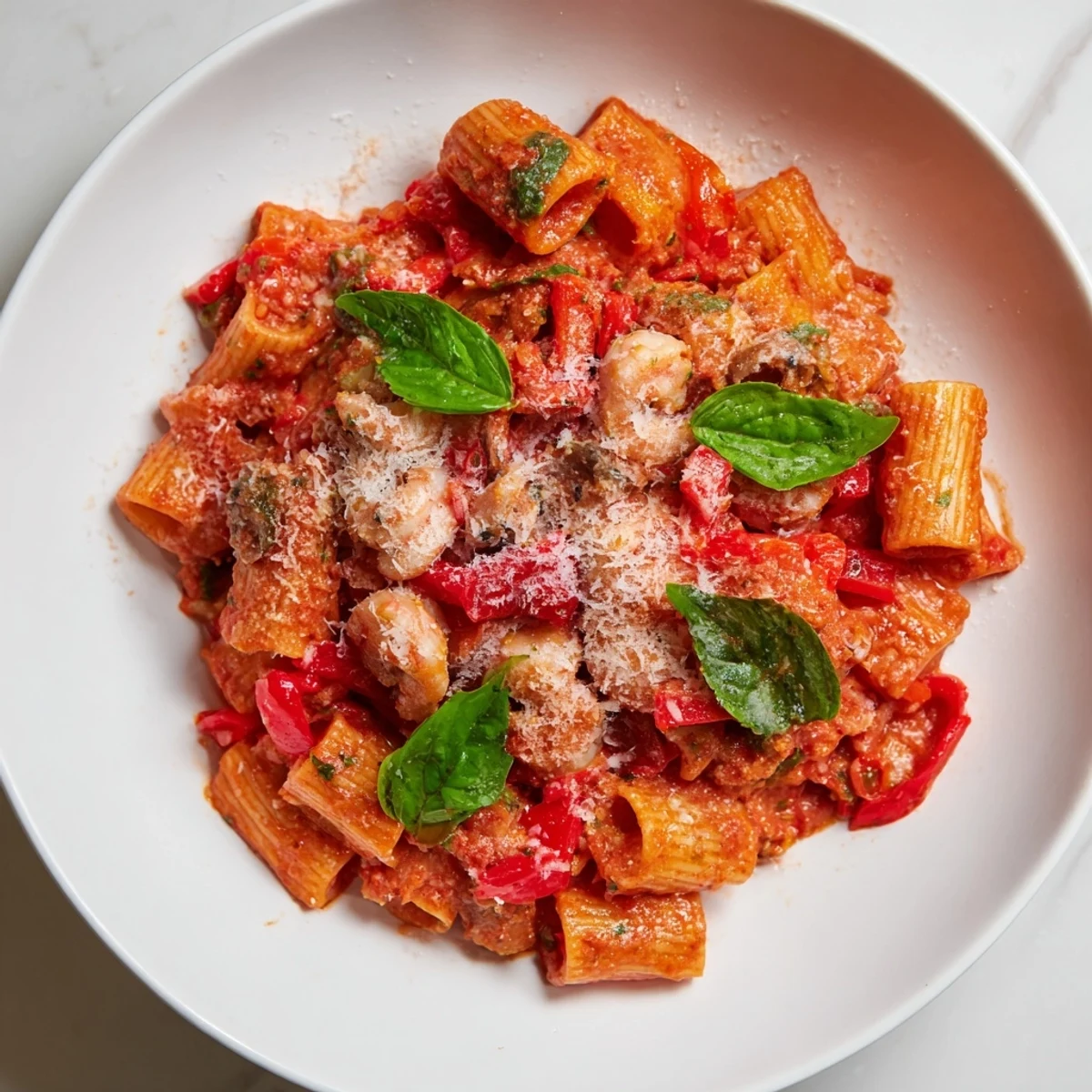 A steaming bowl of One-Pot Diavola Pasta with Shrimp, garnished with fresh basil and Parmesan cheese.
