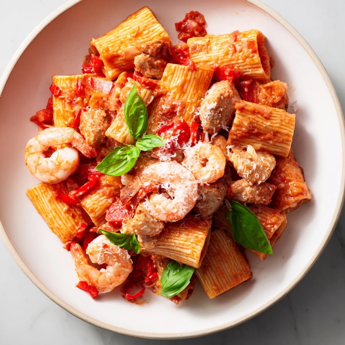 Close-up of One-Pot Diavola Pasta with Shrimp, showing juicy shrimp and tender chicken in a spicy tomato sauce.