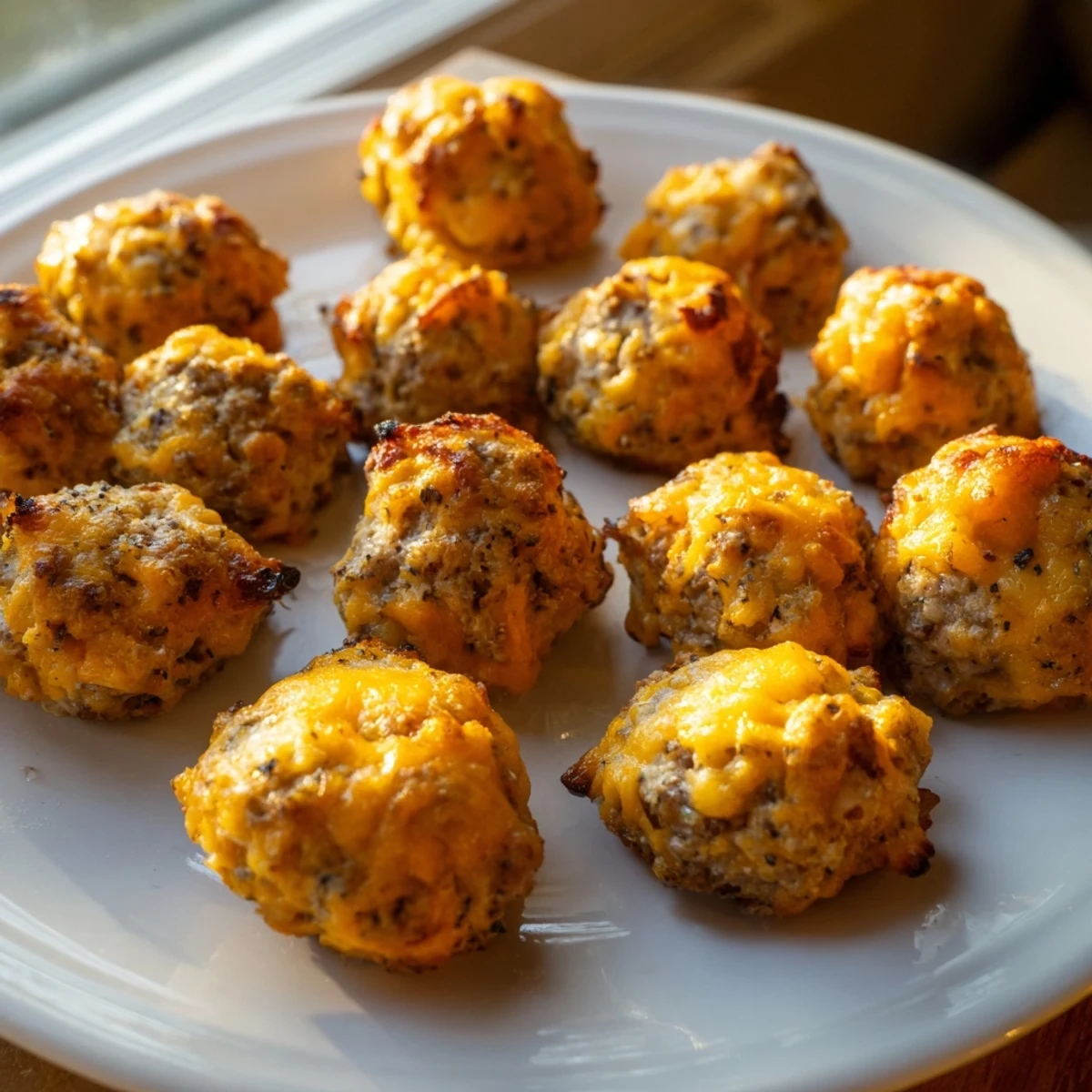 Golden-brown Chicken and Sausage Bisquick Balls, perfect for dipping, offer a savory appetizer experience.