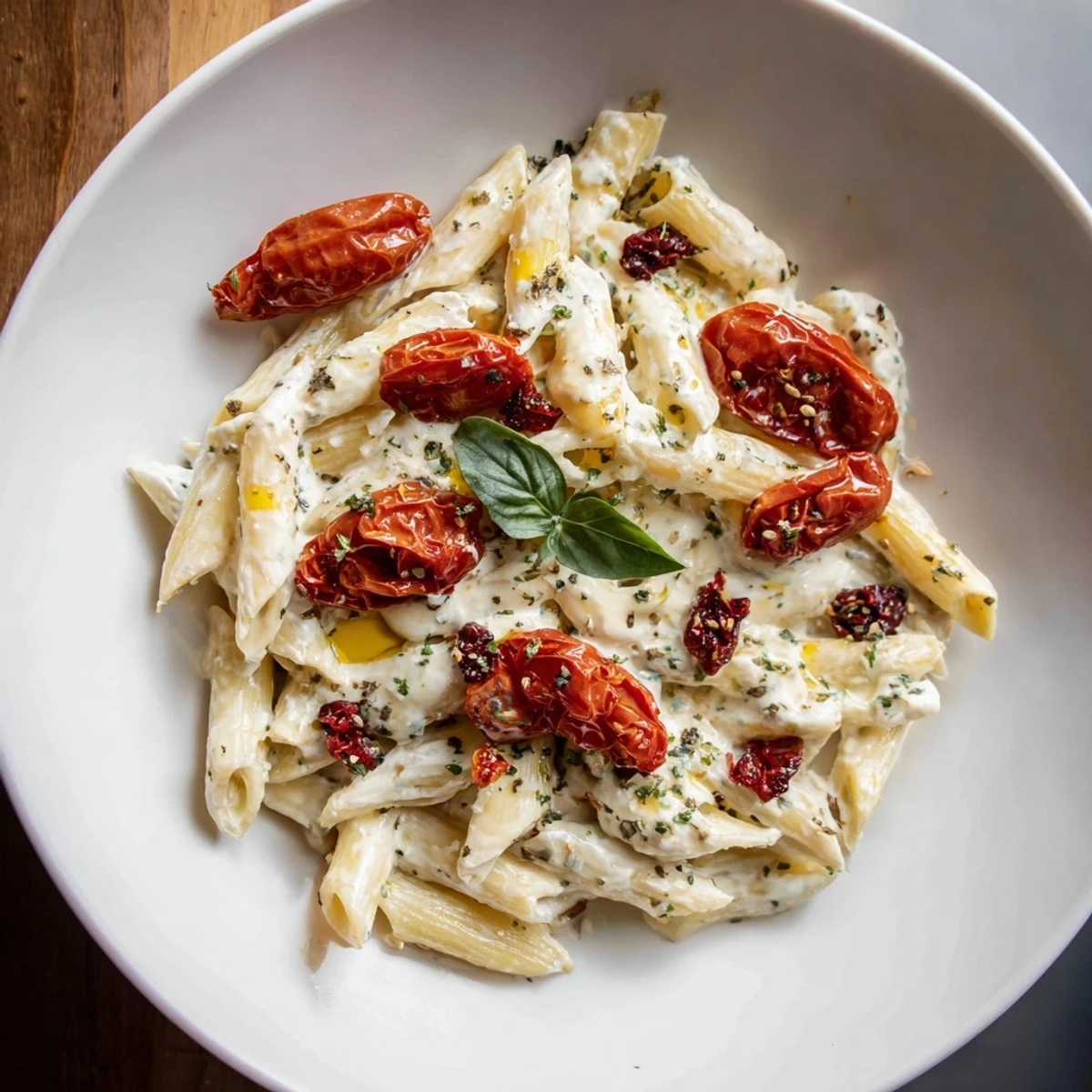 Creamy Baked Feta Pasta, bursting with juicy cranberries, ready to serve with fresh basil.