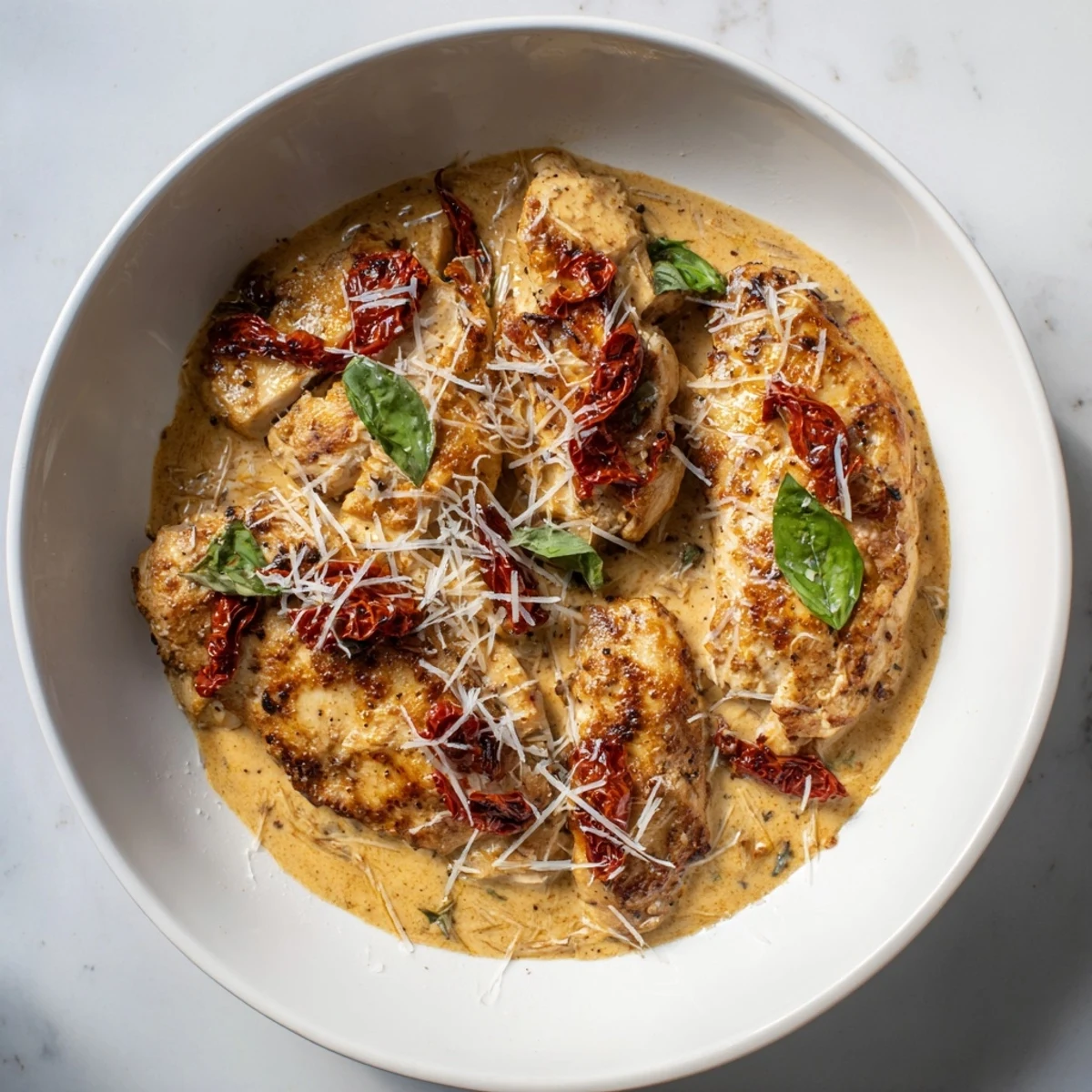Marry Me Chicken with Parmesan Snow, a creamy, red-hued dish with a blanket of white Parmesan.