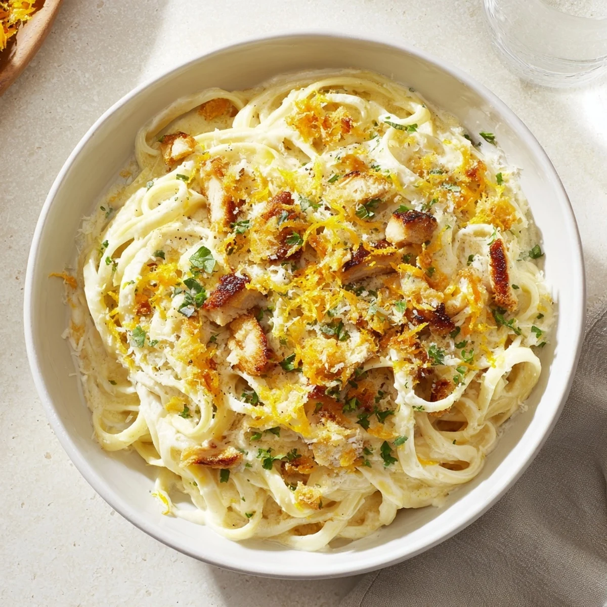 Pasta with Lemon Brûlée Chicken: creamy pasta with beautifully caramelized, tender chicken slices.
