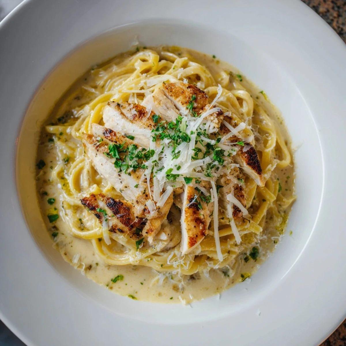 This photo shows a close-up of the Pasta with Lemon Brûlée Chicken, garnished with fresh parsley.